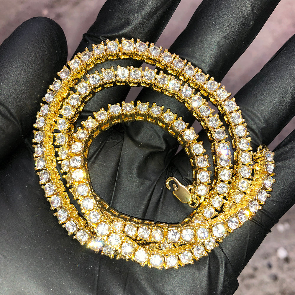 1 Row Tennis Chain for Men & Women - 14K Gold Plated Stainless Steel Necklace - Perfect for Casual Wear, Parties & Gifts