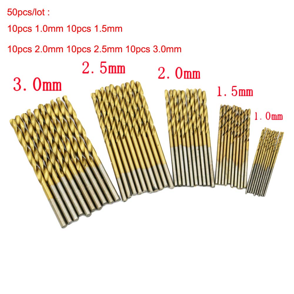 50pcs Titanium Coated HSS Drill Bit Set - High Speed Steel Woodworking Tools (1/1.5/2/2.5/3mm) for DIY Projects, Metal & Wood Drilling