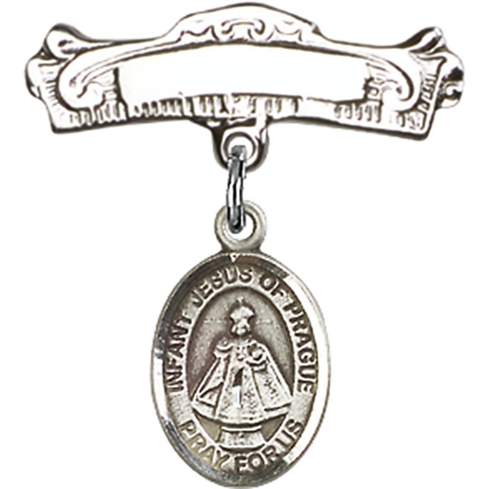 Sterling Silver Baby Badge with Infant of Prague Charm - 7/8 X 7/8 Inches Polished Arched Pin - Perfect for Christenings, Baptisms & First Communion Gifts