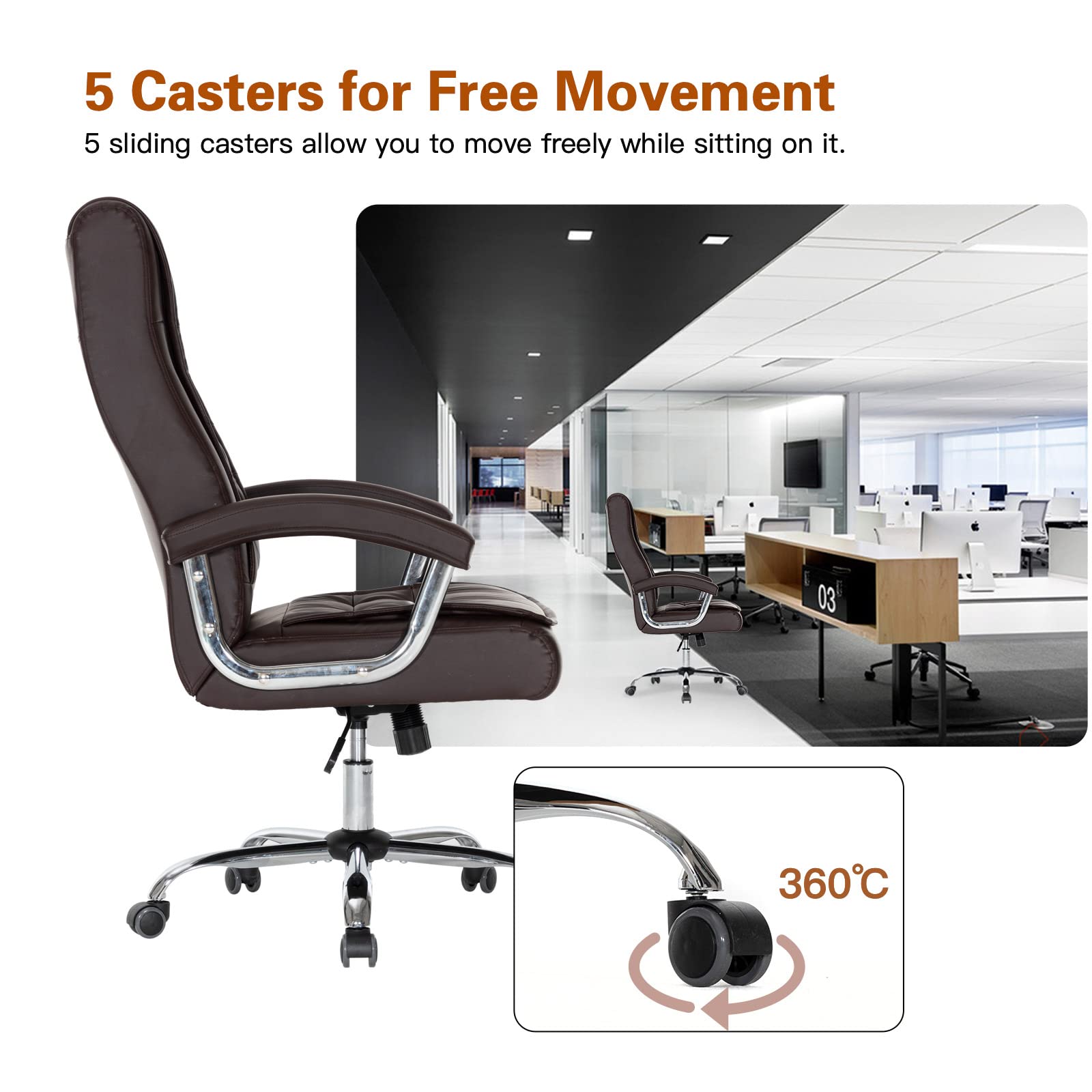 Premium Adjustable Leather Executive Office Chair - High Back Ergonomic Swivel Desk Chair with Padded Armrests & Spring Seat - Supports 350lbs - Perfect for Home Office & Workspaces (Brown)
