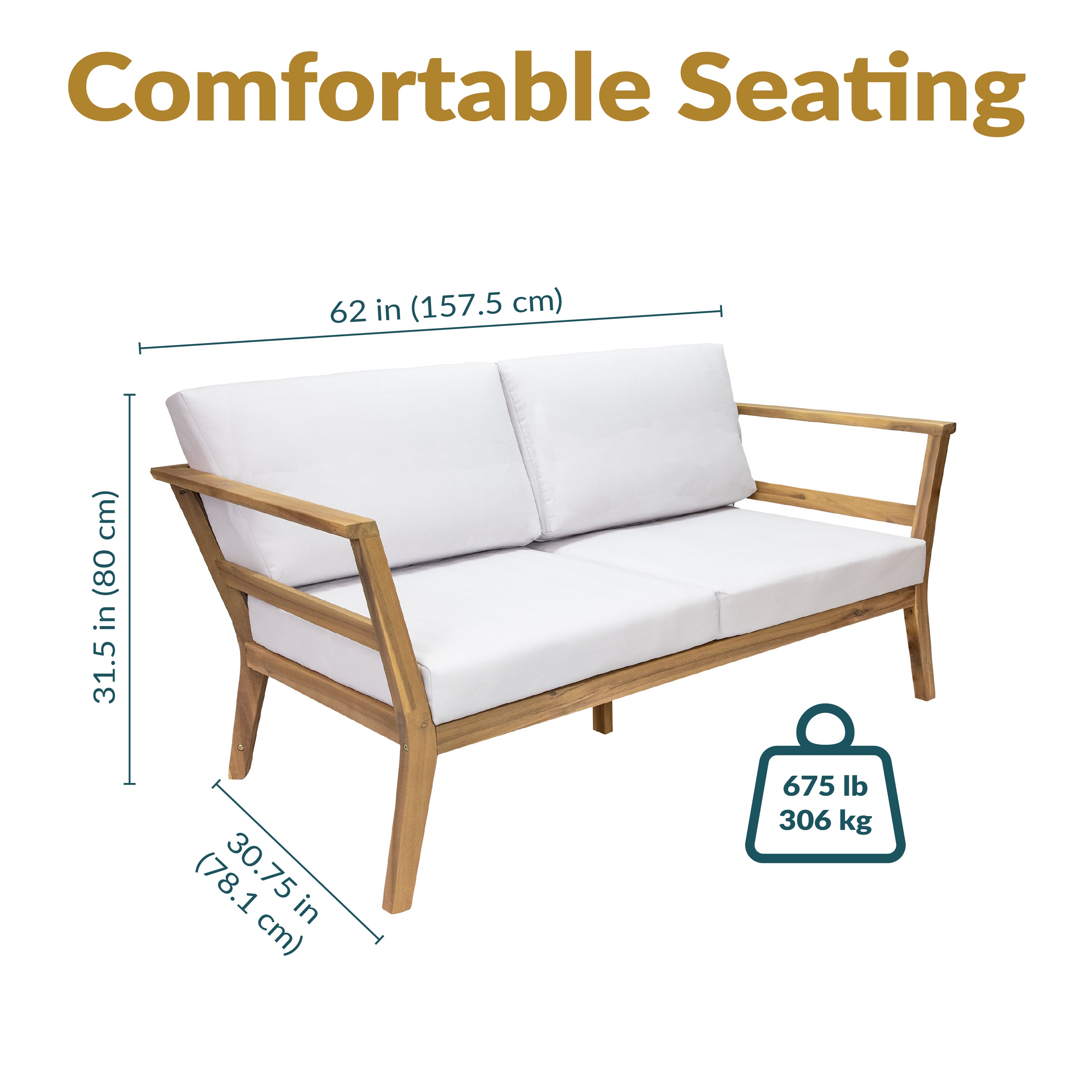 Acacia Wood Patio Loveseat - 2 Seater Outdoor Sofa with Cushions by Sunnydaze | Perfect for Backyard, Garden & Poolside Relaxation