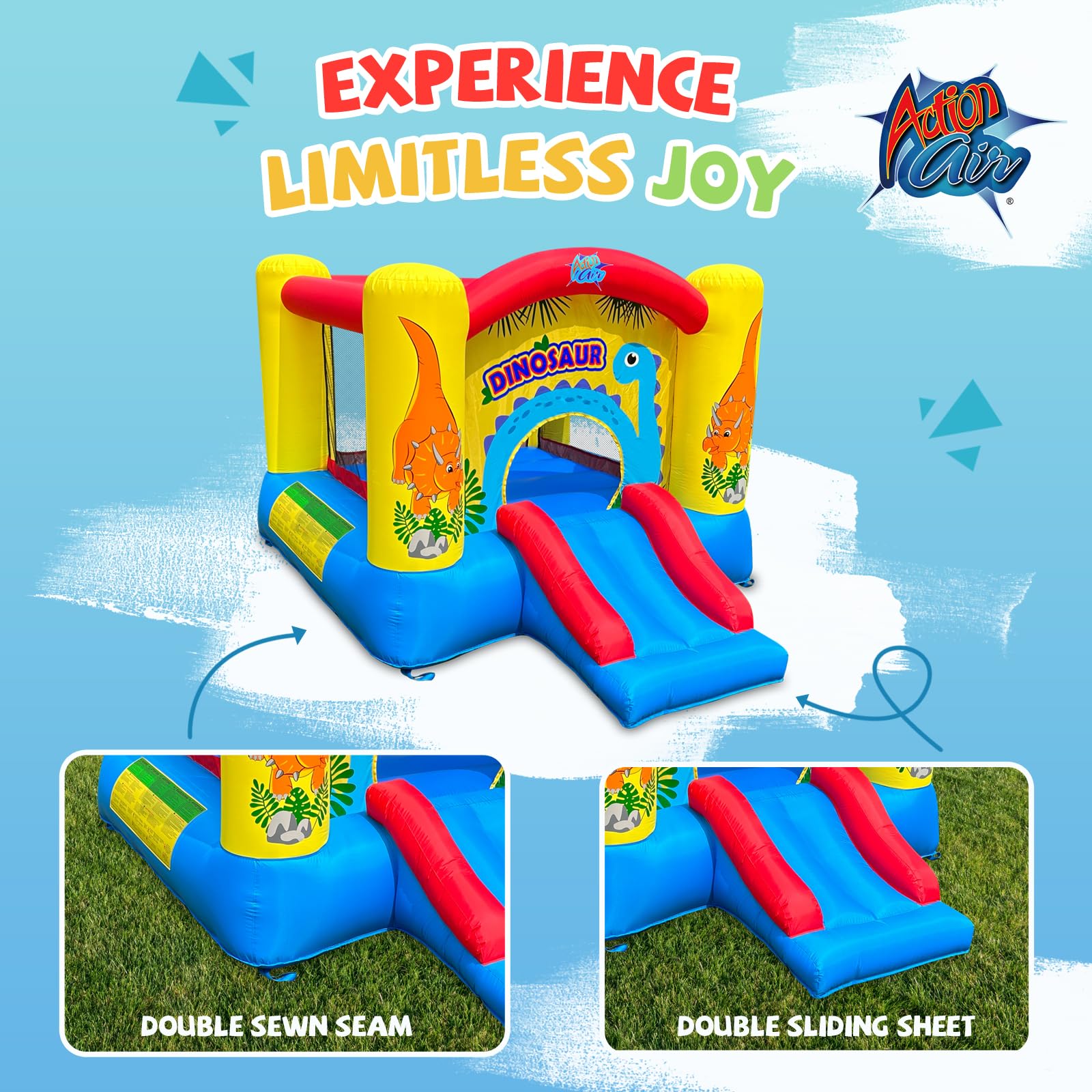 Dinosaur Theme Inflatable Bounce House with Air Blower - Extra Thick & Durable Sewn for Kids Indoor/Outdoor Play - Perfect for Birthday Parties, Backyard Fun & Summer Events
