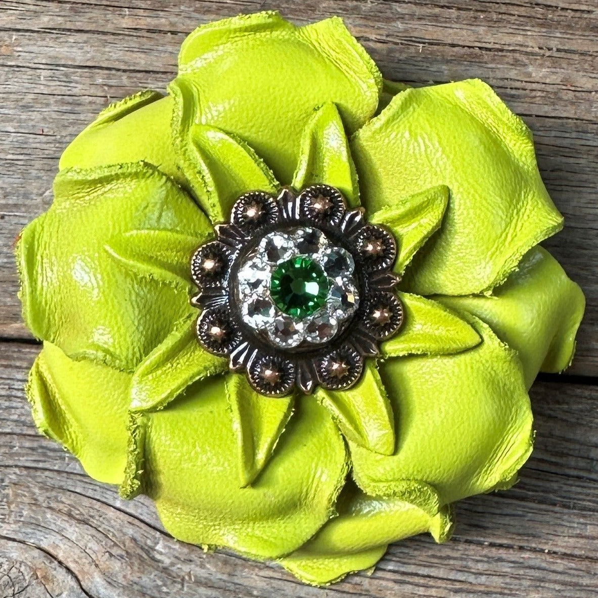 Neon Lime Gardenia Flower with Copper Fern & Clear Concho - Boho Floral Hair Clip for Women, Bridal Hair Accessories, Festival Headpiece, Wedding Party Decor