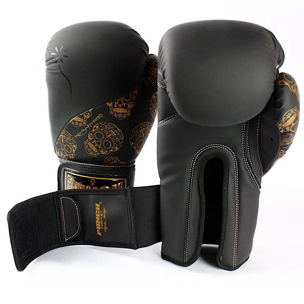 Premium 12oz Black Boxing Gloves with Urban Gold Skulls Design - Perfect for Training, Sparring, and Fitness Workouts