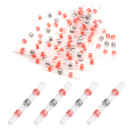 Cionyce 100Pcs 22-18 AWG Waterproof Heat Shrink Butt Connectors - Self Soldering Wire Connectors for Marine, Automotive & Outdoor Electrical Wiring (Red, 22-18 Gauge)
