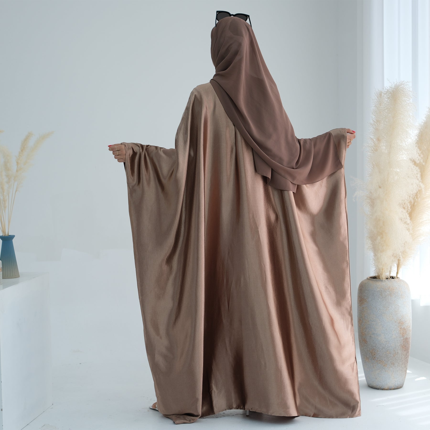 Elegant Alisha Butterfly Satin Abaya Dress for Women - Brown | Modest Islamic Prayer Dress for Mosque & Special Occasions