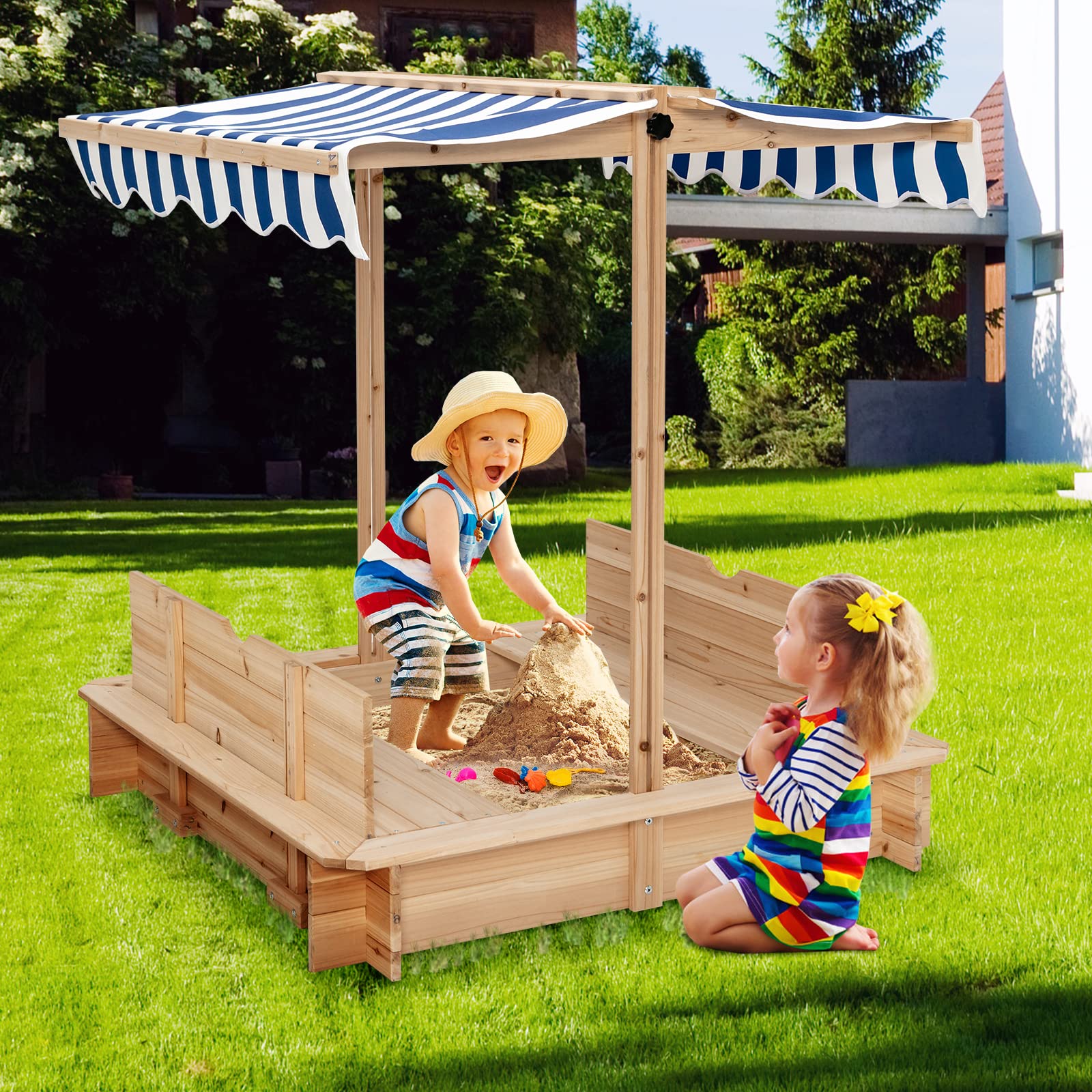 HONEY JOY Kids Sandbox with Canopy - Cedar Wood Bottomless Sand Pit for Backyard, Patio, Lawn & Garden - Outdoor Square Sandbox with Bench Seat & Backrest - Includes Lid - Perfect Gift for Boys & Girls Ages 3+ - Great for Outdoor Play, Sensory Activities & Backyard Fun