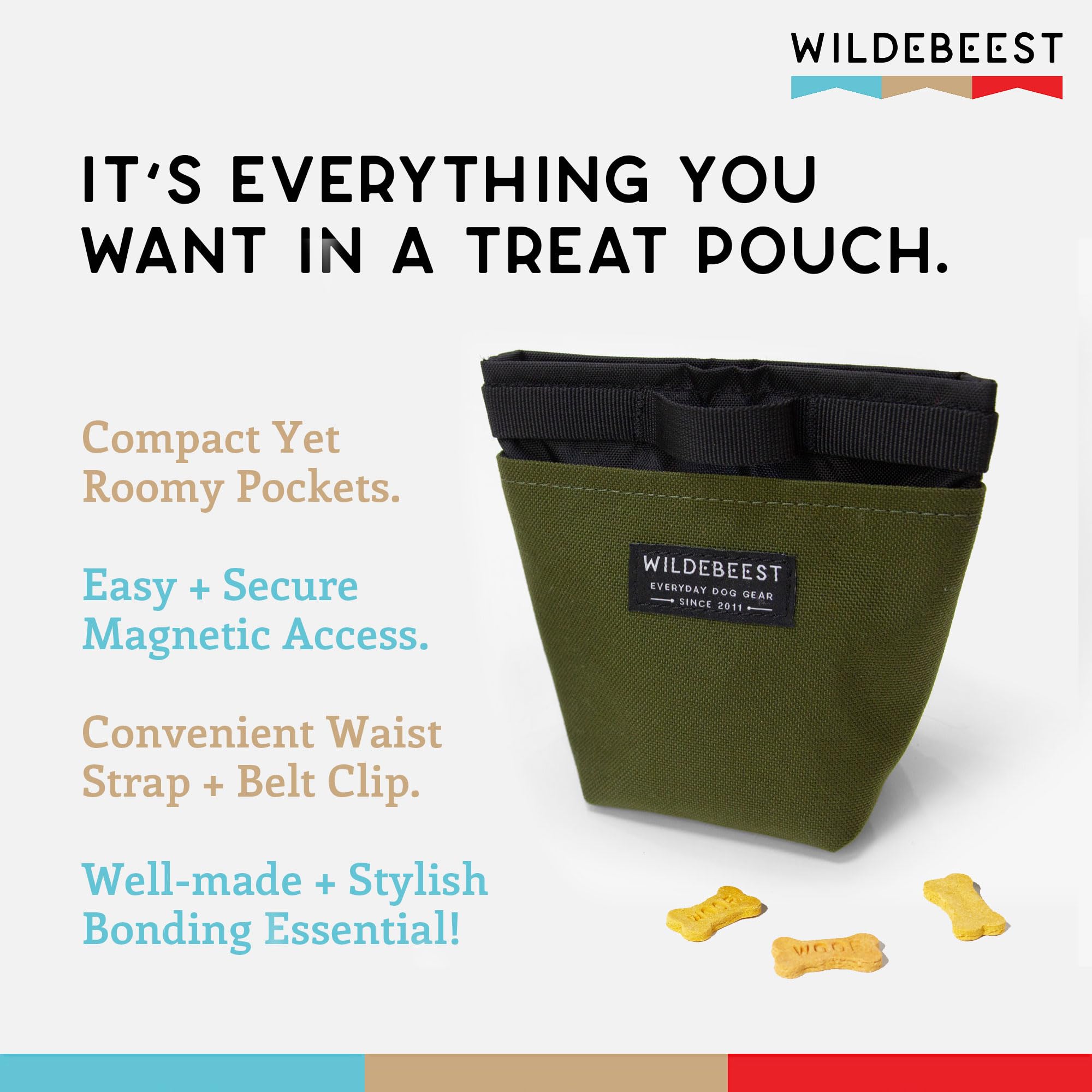 Premium Wildebeest Dog Treat Pouch - Magnetic Closure Training Bag with 2 Waterproof Compartments, Detachable Waist Strap & Belt Clip - Ideal for Dog Walking, Hiking, and Outdoor Adventures