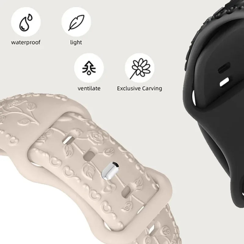 Botanical Bliss Engraved Silicone Band for Apple Watch - Red Floral Design | Perfect for Workouts, Yoga & Everyday Wear