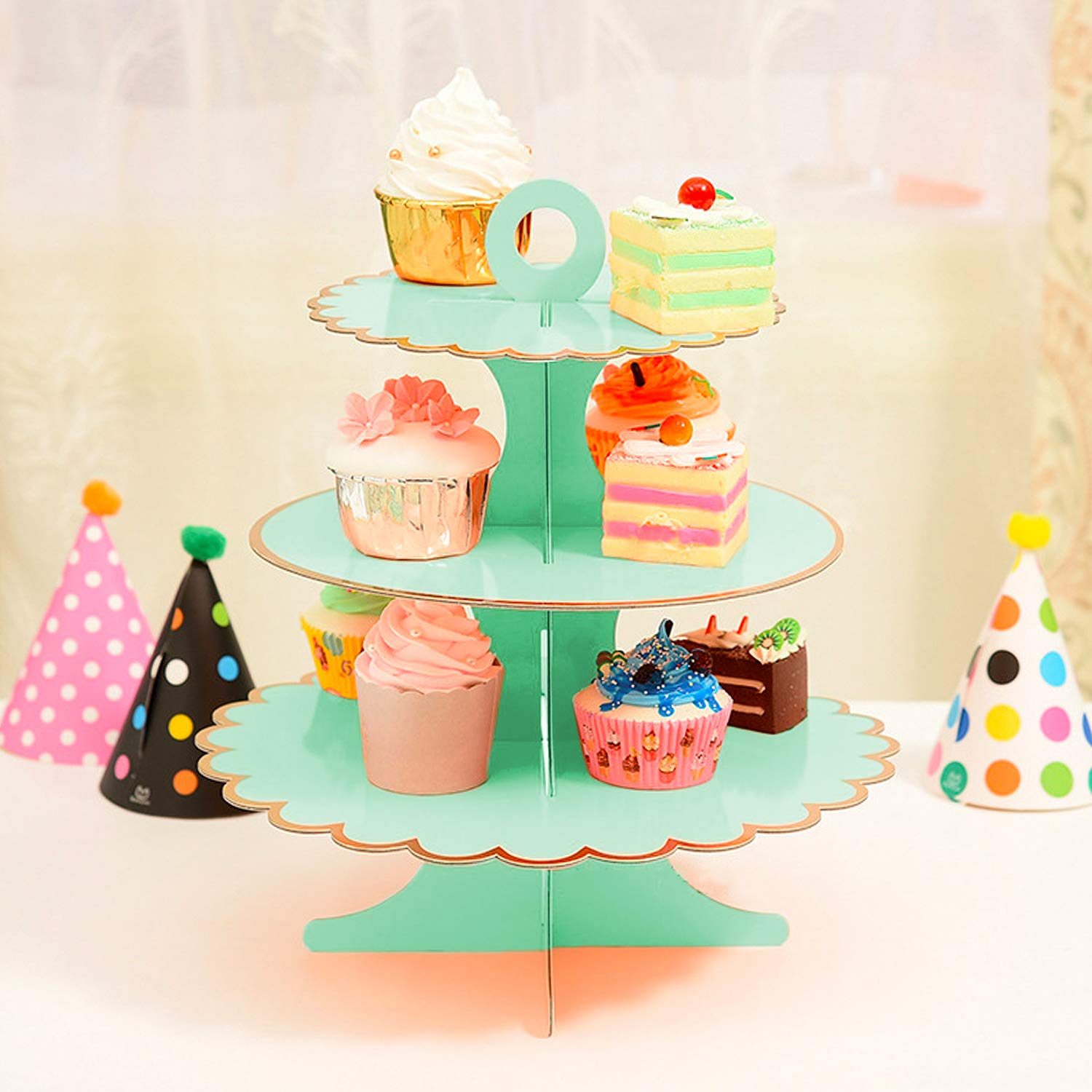 3-Tier Cupcake Stand Set - Green Cardboard Dessert Display Tower for Mini Cakes, Cookies, Fruits & Candy Buffet | Perfect for Birthday Parties, Baby Showers & Wedding Receptions