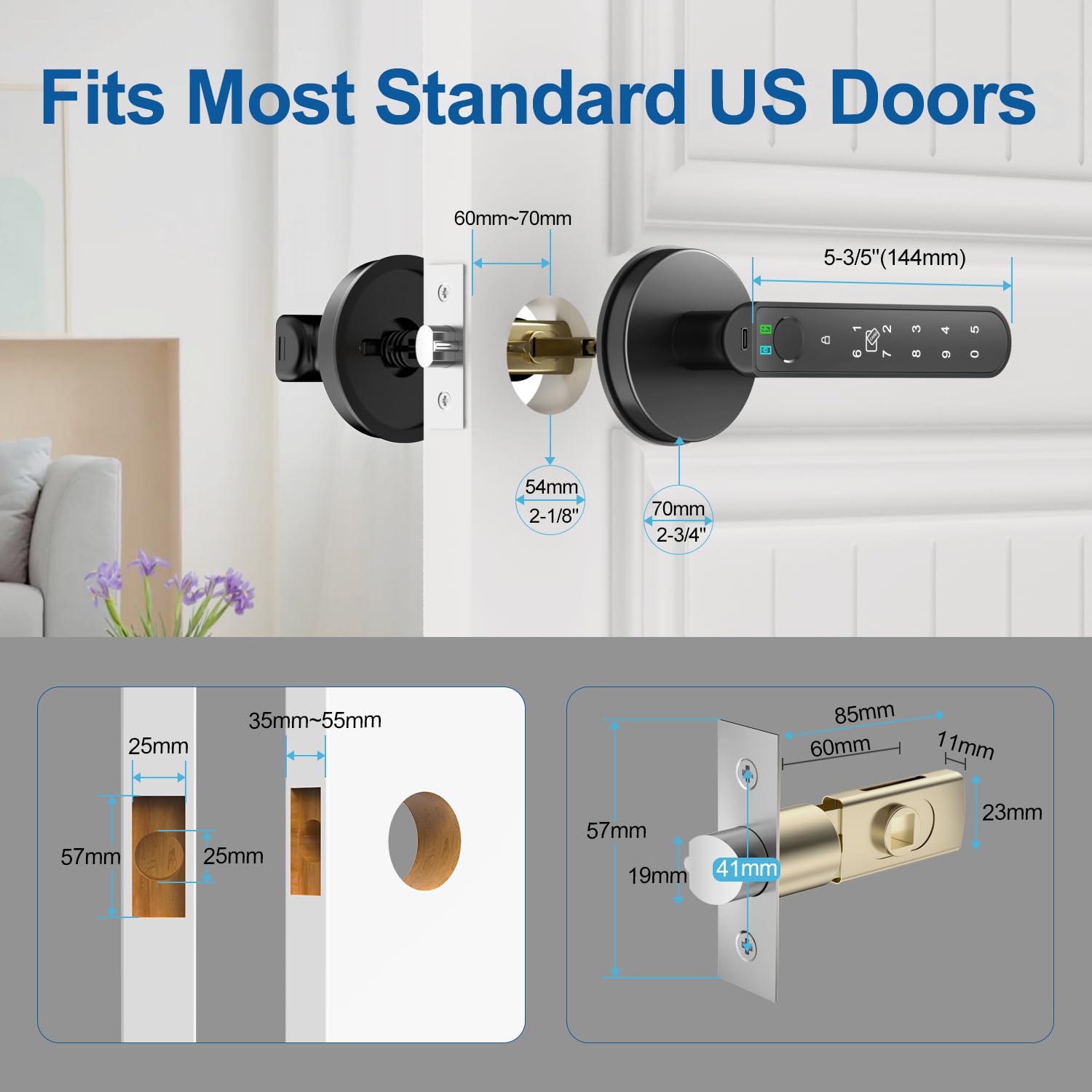 5-in-1 Smart Fingerprint Door Lock with APP Control, Keypad, IC Card & Backup Keys - Electronic Keyless Entry for Home, Office, Apartment (Black, 2 Pack) - Perfect for Secure Access to Bedrooms, Vacation Rentals & Smart Homes