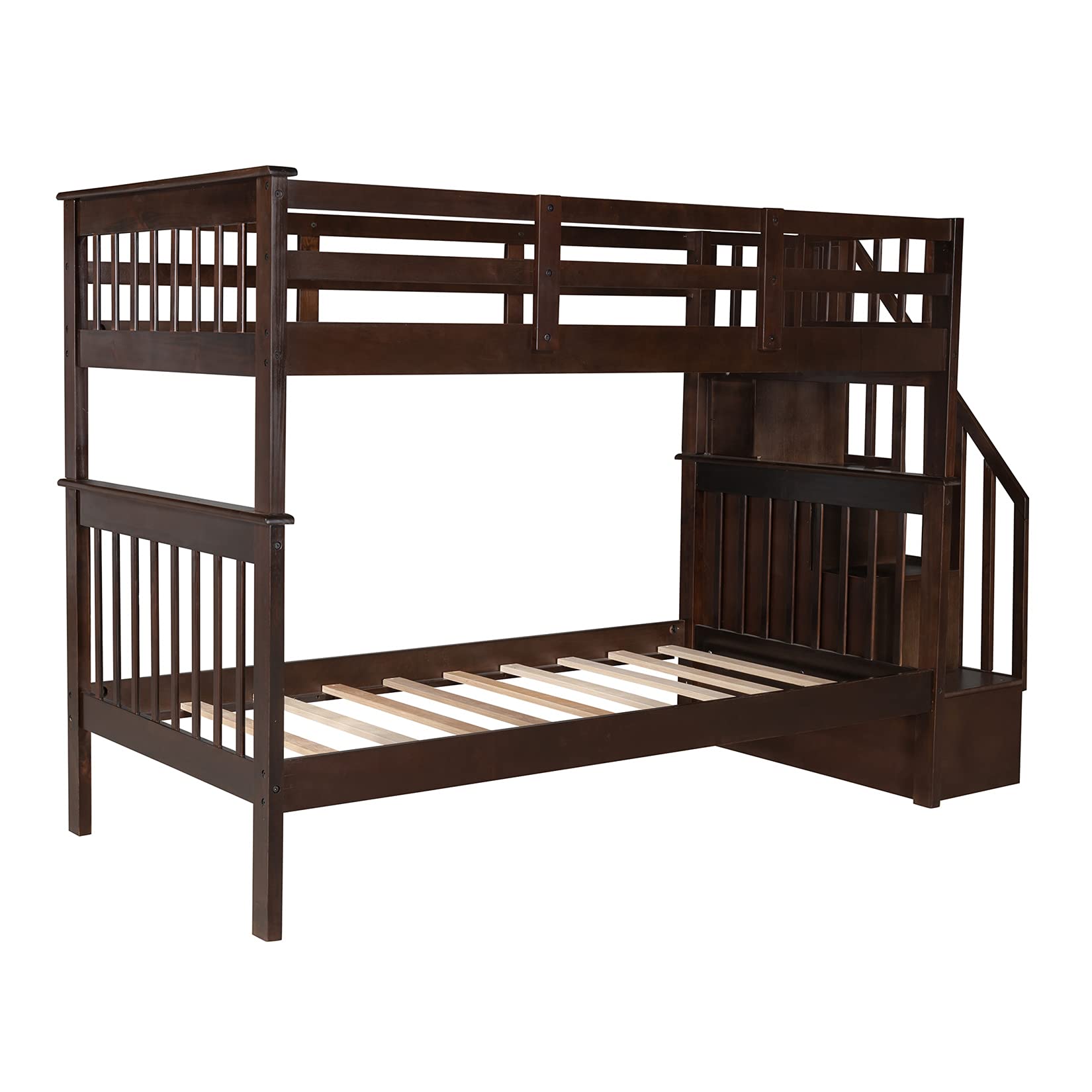 Twin Over Twin Bunk Bed with Storage Shelves - Wooden Stairway Bunk Bed for Kids, Teens, Boys & Girls - Convertible to 2 Separate Beds - Espresso Finish - Perfect for Small Bedrooms, Shared Kids Rooms & Space-Saving Solutions