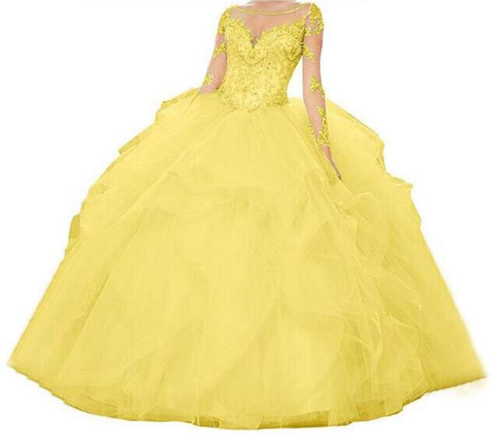 Elegant Yellow Sweet 16 Quinceanera Dress with Sheer Neck & Beaded Details | Long Sleeve Prom Ball Gown for Women | Perfect for Quinceañeras, Prom Nights & Formal Dances