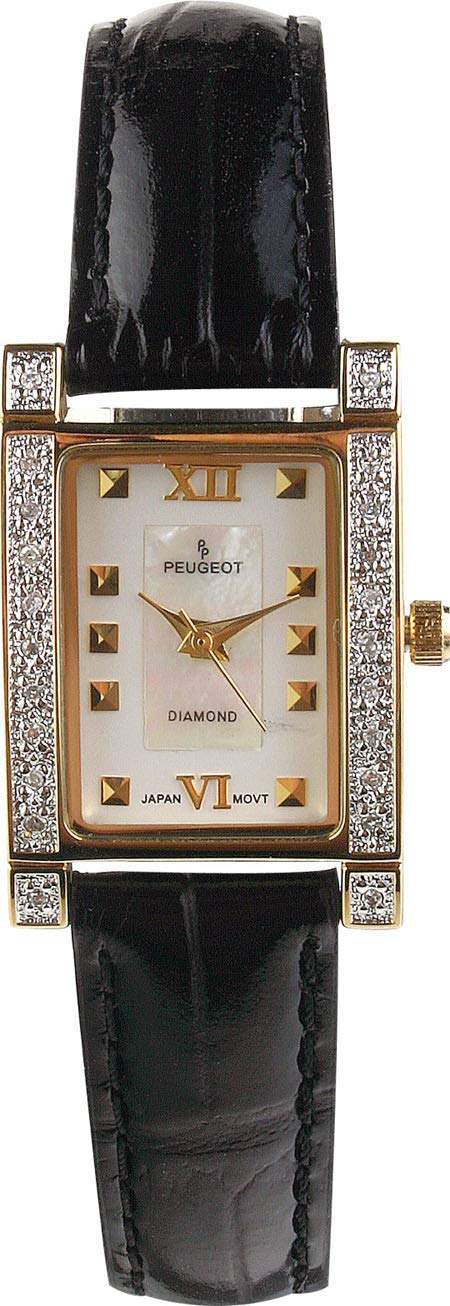 Peugeot Women's Genuine Diamond (.10ct) Bezel Watch - Elegant Black Leather Strap Evening Dress Watch for Formal Events & Special Occasions