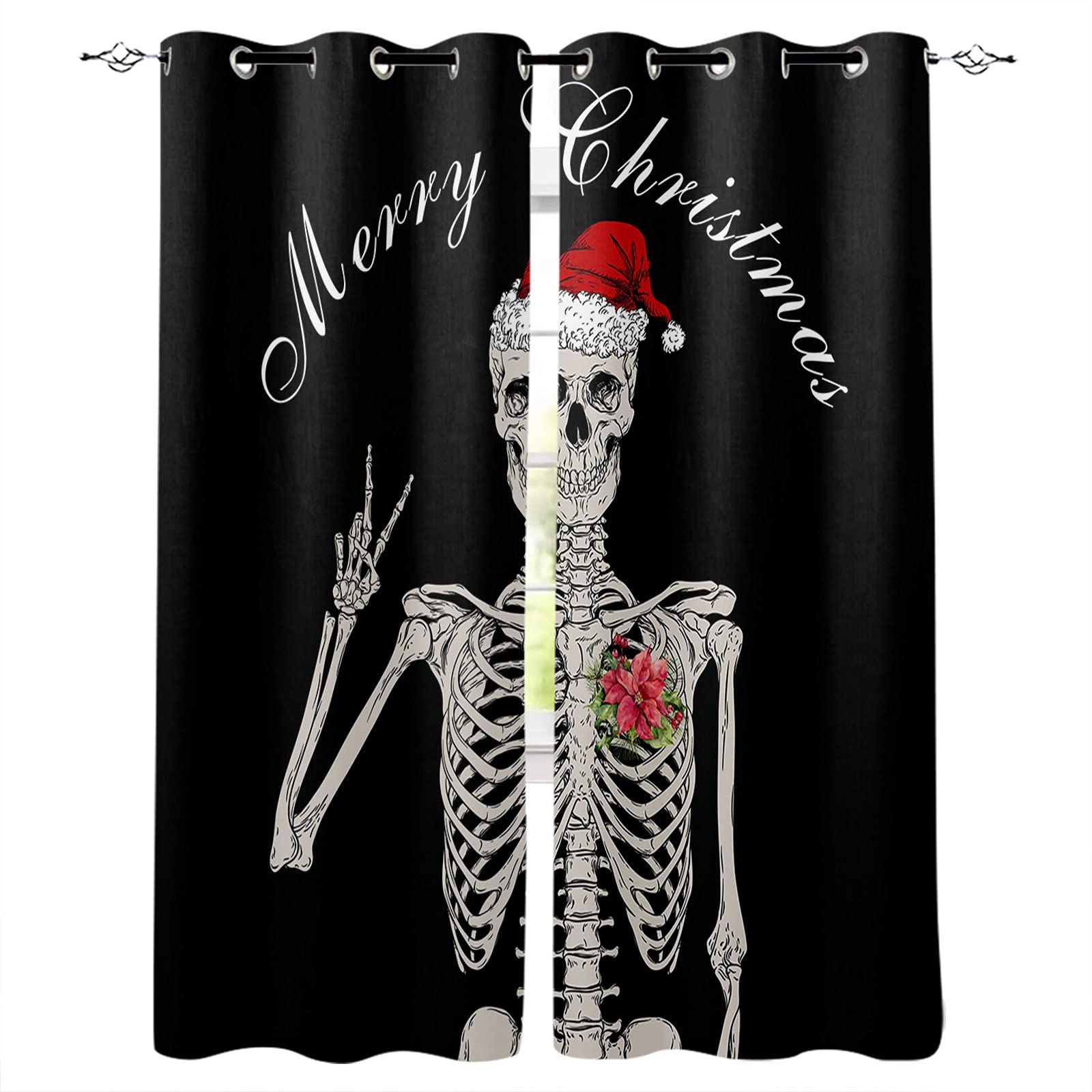 Blackout Thermal Insulated Window Curtains - Merry Christmas Skulls & Skeleton Design with Poinsettia Print (52x96 Inches, Set of 2) for Living Room & Kitchen - Room Darkening Vertical Drapes for Holiday Decor & Light Control
