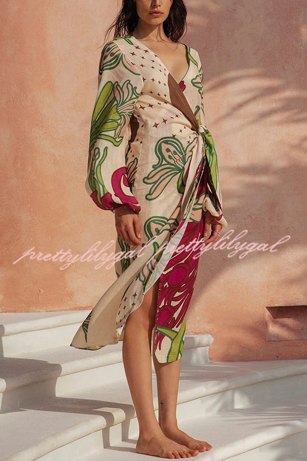 Tracey Linen Blend Unique Print Balloon Sleeve Tie-Up Tunic Maxi Dress for Women | Flowy Summer Beach Dress | Perfect for Vacations, Weddings & Boho Chic Outfits