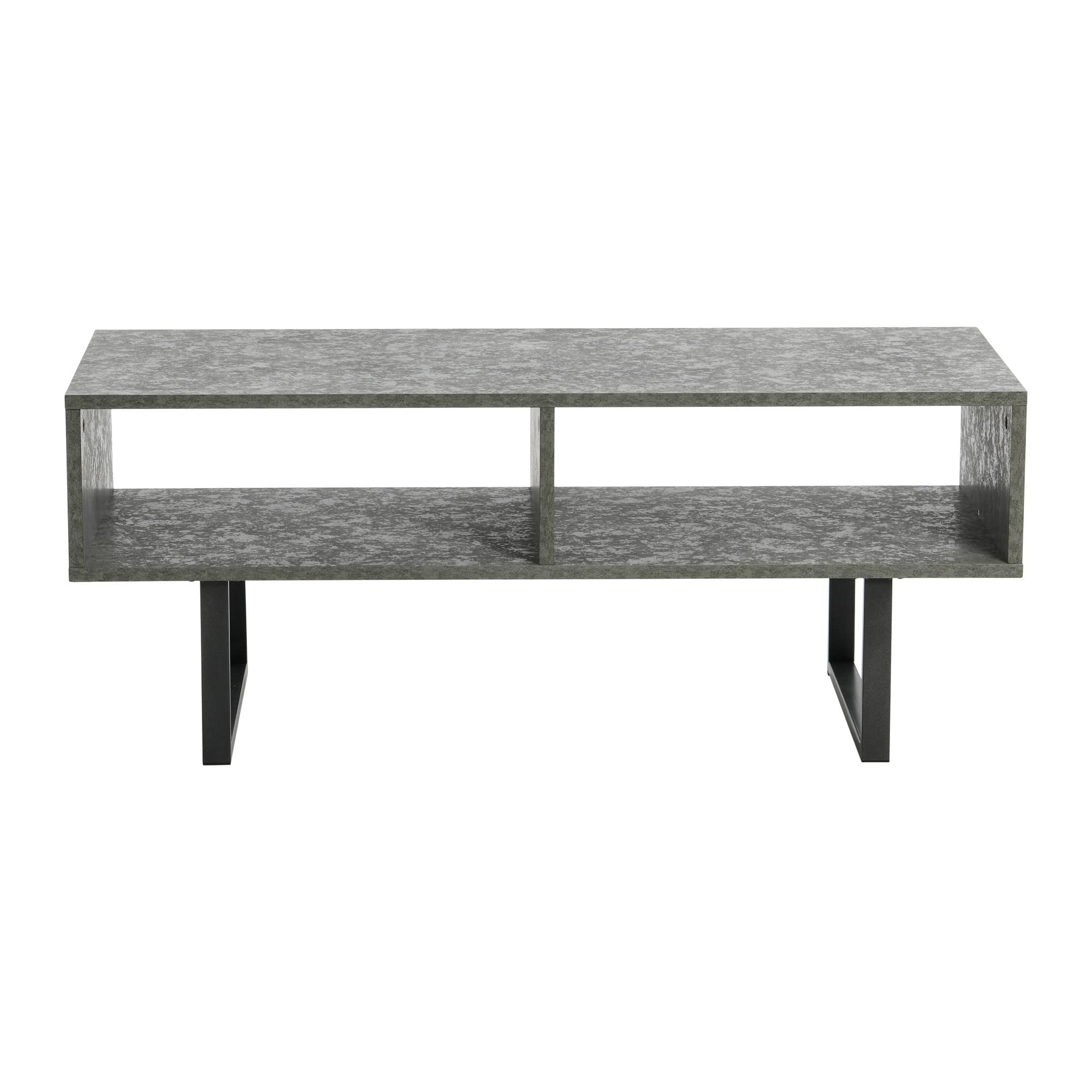 Rustic Slate Concrete & Black Metal TV Stand Coffee Table with Storage Compartments - Modern Farmhouse Living Room Furniture for TV, Books & Decor Organization