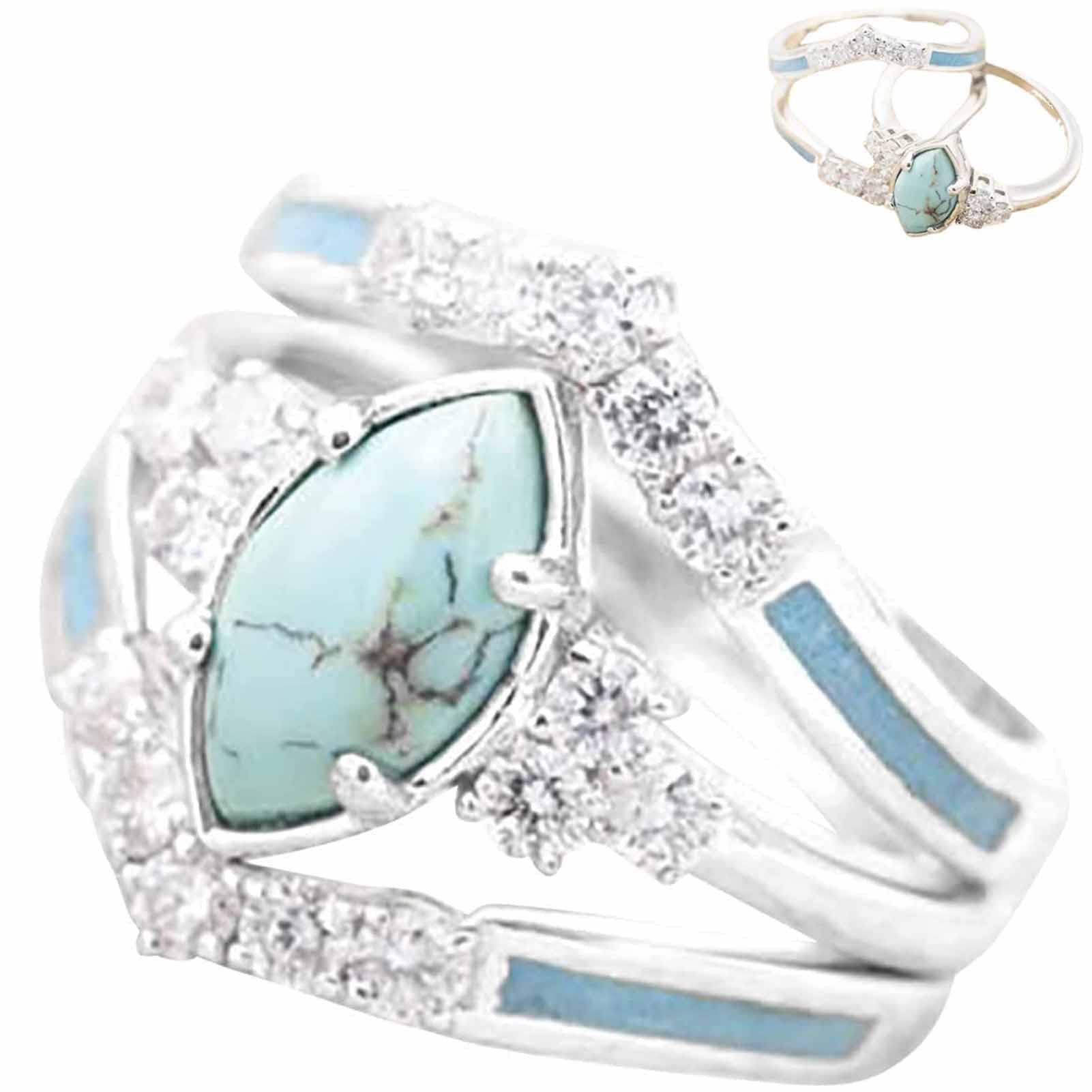 2022 Best 3-Piece Natural Turquoise and Diamond Ring Set for Women - Marquise Cut Turquoise with Genuine Diamond Rings and Ring Guard - Perfect Mother's Day Gift, Anniversary Present, or Bridal Jewelry