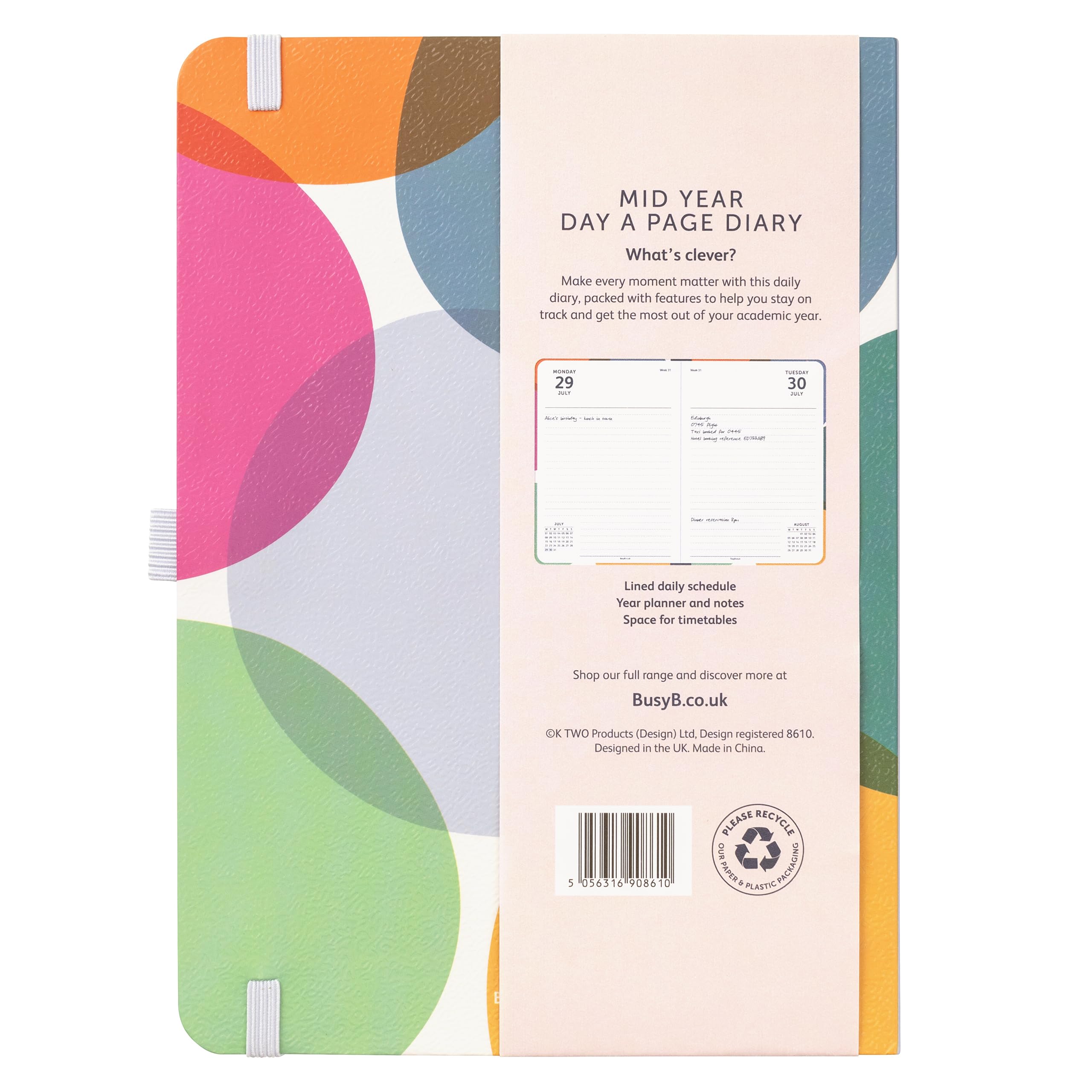 Busy B Mid Year Day a Page Diary August 2024 - August 2025 | A5 Daily Planner with Pen Holder, Elastic Closure & Year Planner | Perfect for Work, School & Personal Organization
