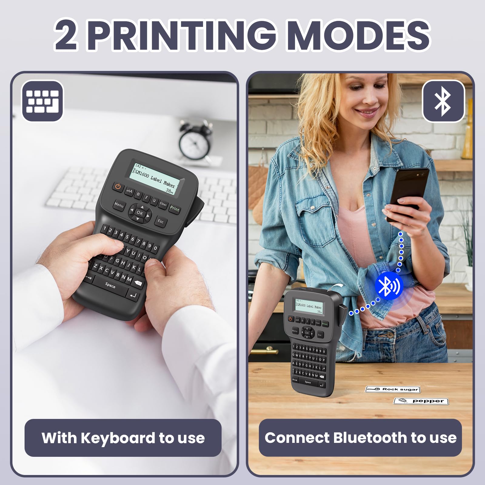 Waterproof Rechargeable Label Maker Machine with Backlit Screen & Bluetooth - Portable Keyboard Labeler with Tapes for School, Office, Industrial Use - LM1600 Black - Perfect for Organizing Files, Storage Boxes, and Equipment Labeling