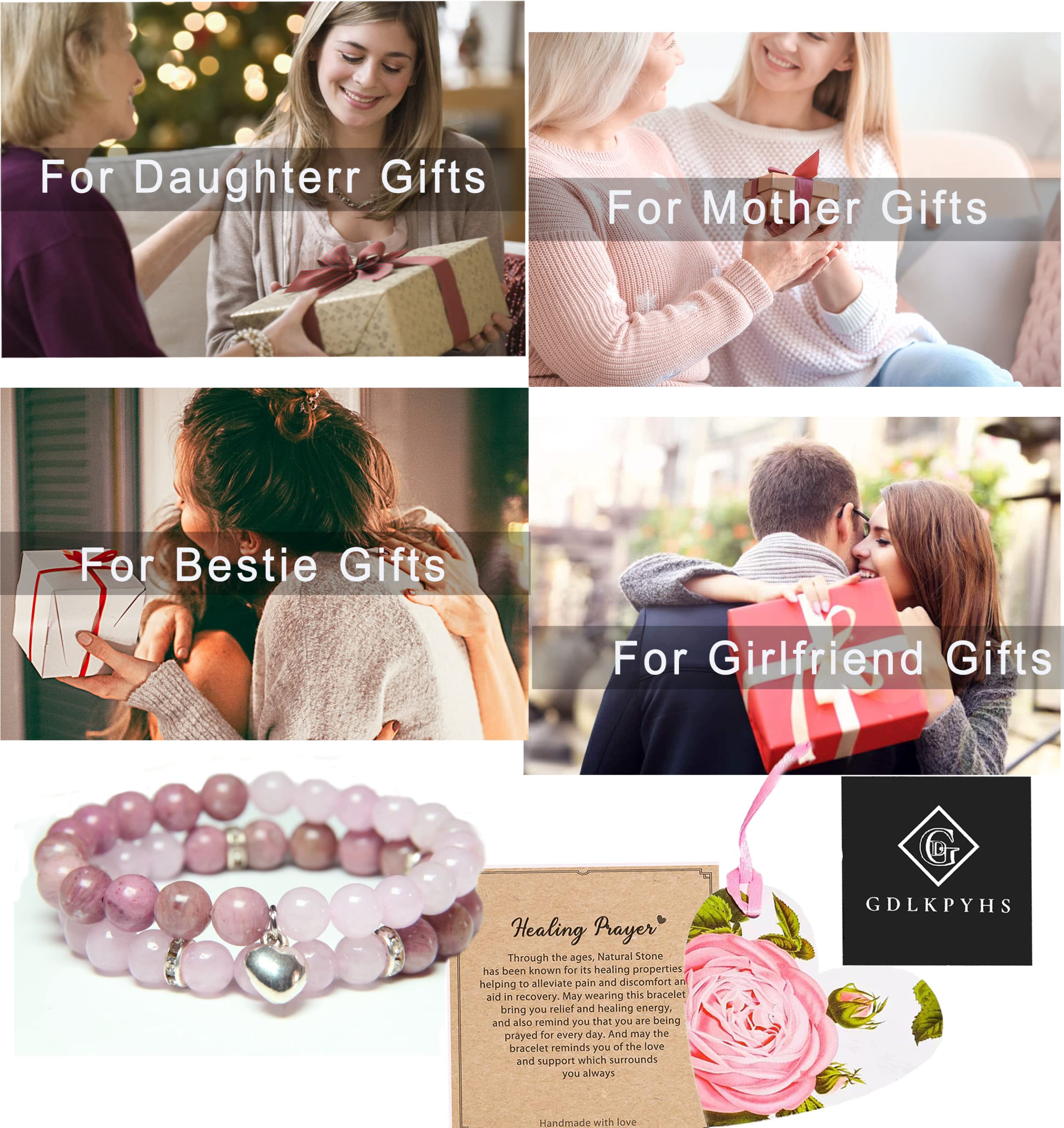 Healing Bracelets for Women - Rose Quartz & Rhodonite Crystal Bracelet with 8mm Natural Stones - Stress Relief, Yoga Meditation, Get Well Soon Gifts for Her - Perfect for Spiritual Healing, Wellness & Positive Energy