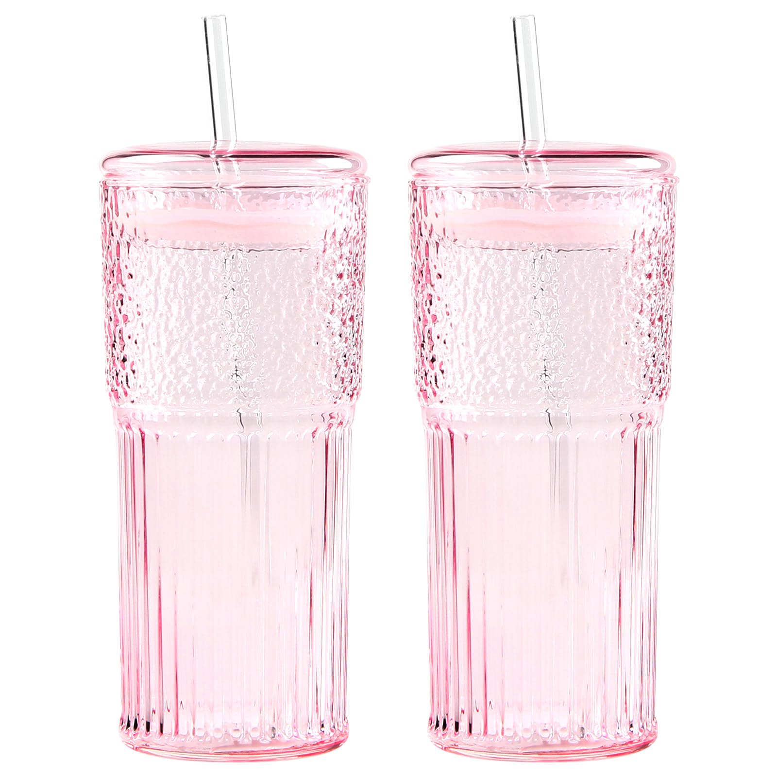 Vintage 20oz Glass Coffee Cups with Lids & Straws - 2 Pack Pink Ripple Glass Tumblers for Iced Coffee, Smoothies, Cold Drinks | Perfect for Home, Office, Cafe & Outdoor Use