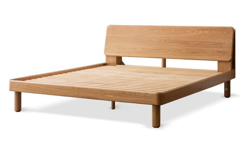 Solid Oak Wood Platform Bed with Bookshelf Headboard - Modern Bedroom Furniture for Small Spaces & Cozy Reading Nook