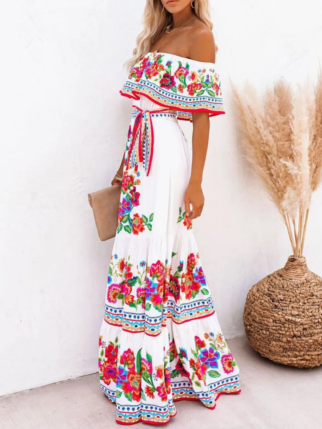 Floral Off Shoulder Ruffle Maxi Dress for Women - Beach Wedding Resort Party Wear - Perfect for Summer Vacations, Tropical Getaways & Boho Photoshoots