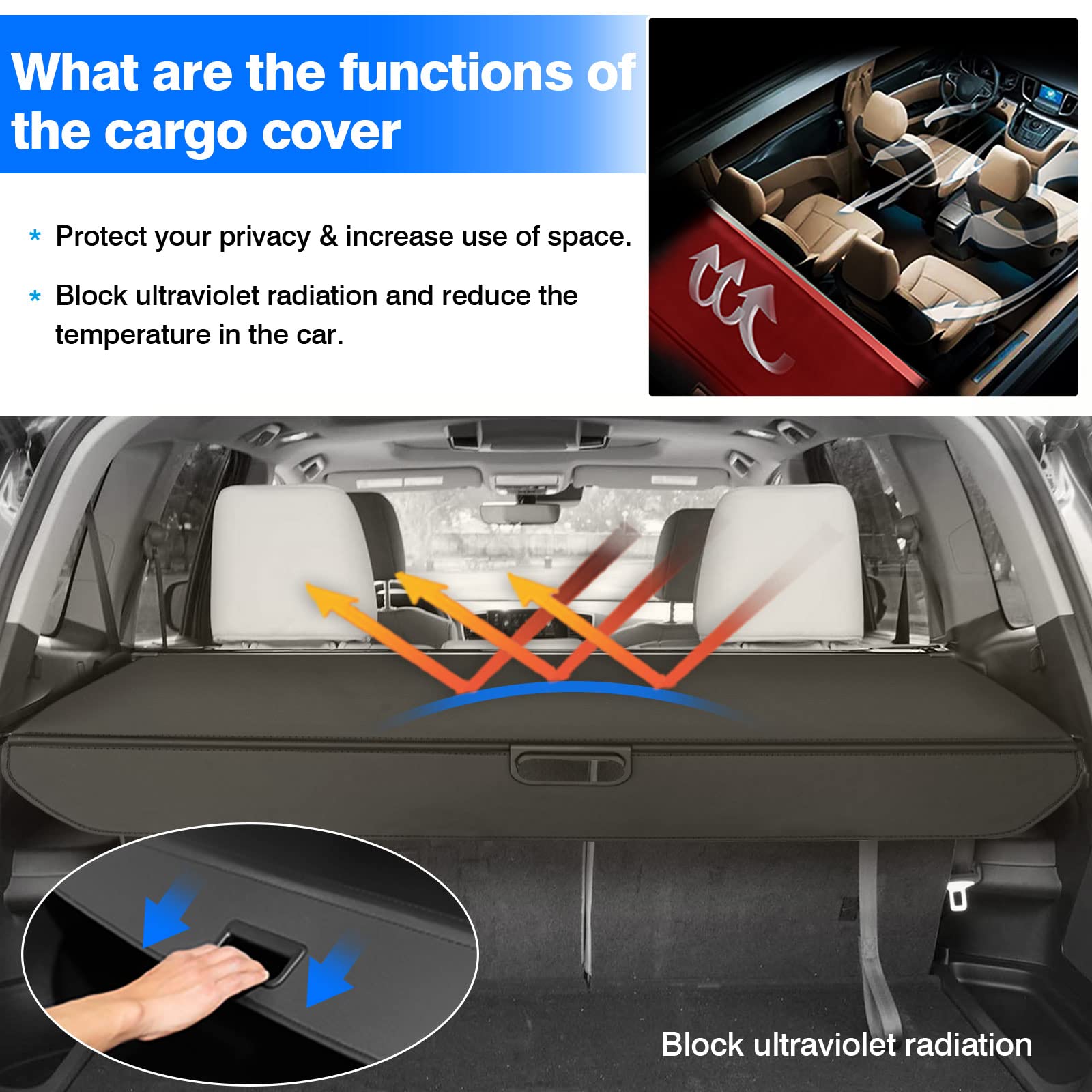 2016-2021 Honda Pilot Cargo Cover - Retractable Trunk Shade for 3rd Row SUV Accessories | No Gap Luggage Protector | Perfect for Road Trips, Grocery Storage & Pet Travel