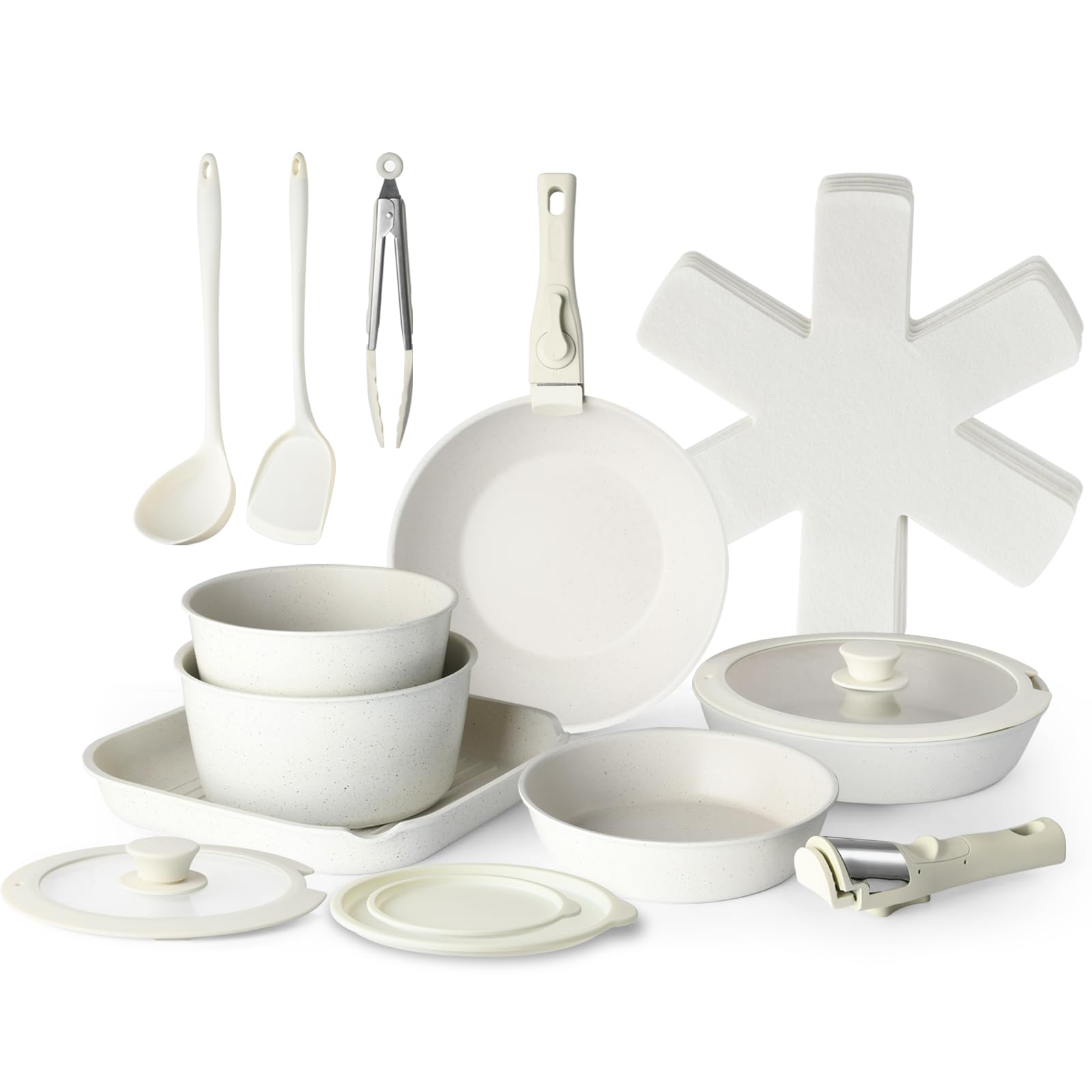 20-Piece Non-Stick Pots and Pans Set with Detachable Handles - Stackable Granite Cookware for Induction, RV & Kitchen - Dishwasher & Oven Safe Cream White - Perfect for Camping, Small Spaces & Everyday Cooking