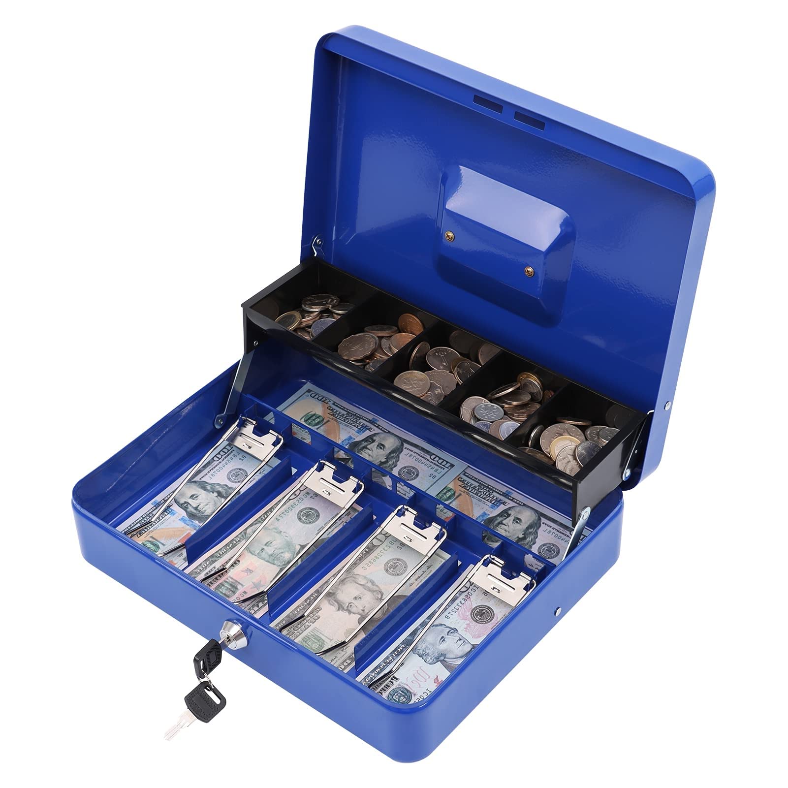 XYDLED Metal Cash Box with Money Tray & Key Lock - Secure Storage Box with 4 Bill & 5 Coin Slots - 11.8