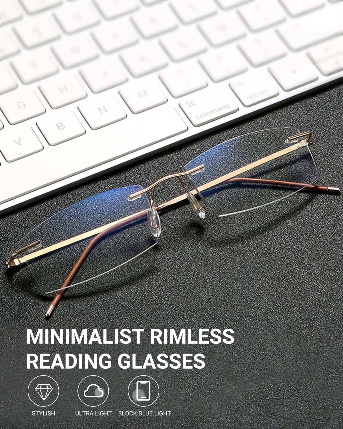 TERAISE Rimless Reading Glasses for Men & Women - Lightweight Metal Frame Clear Lens Readers with Blue Light Blocking - Perfect for Computer Work, Reading & Screen Time