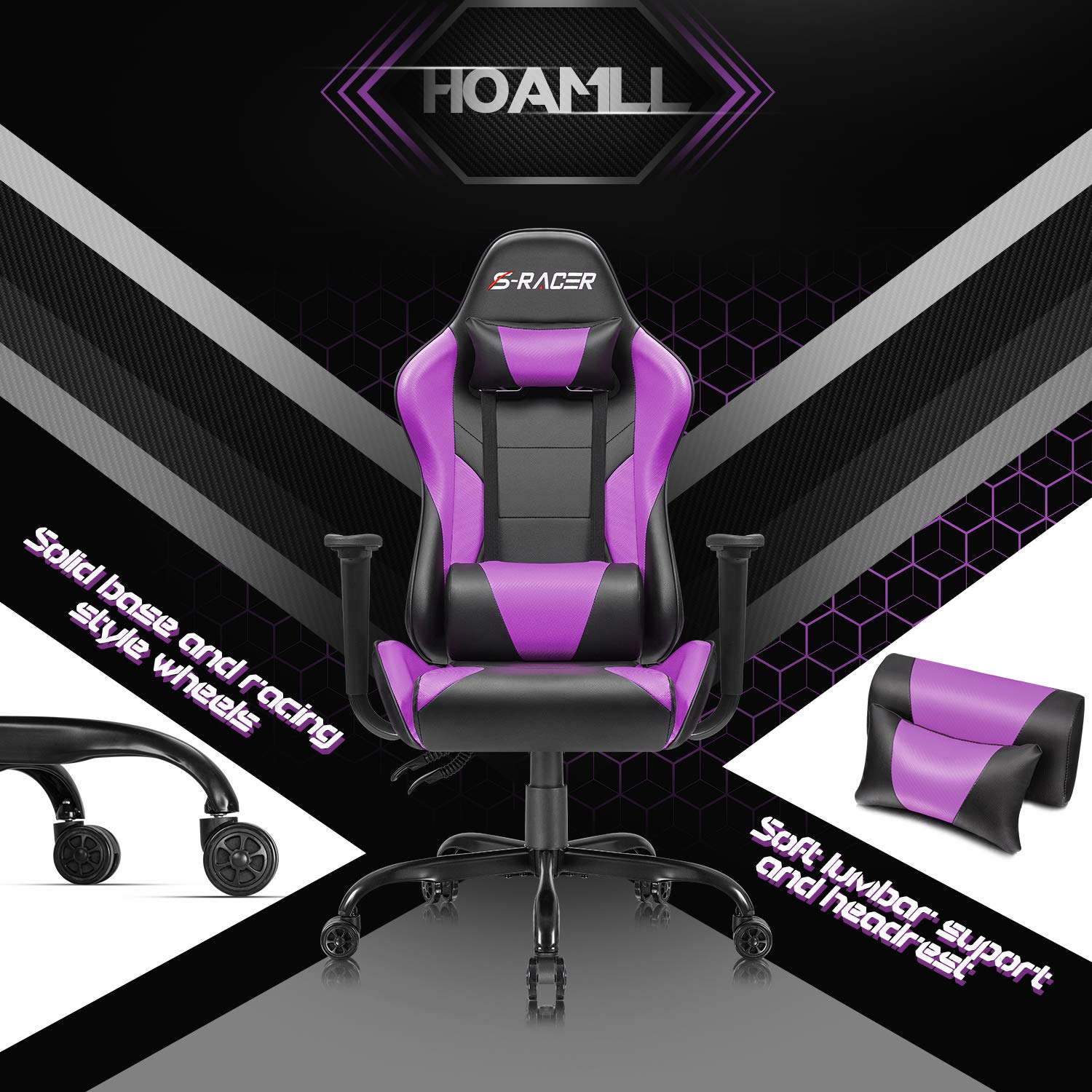 Homall High Back Gaming & Office Chair - Ergonomic PU Leather Racing Style Computer Desk Chair with Adjustable Height, Swivel & Headrest for Adults (Violet) - Perfect for Gaming, Home Office & Workspaces