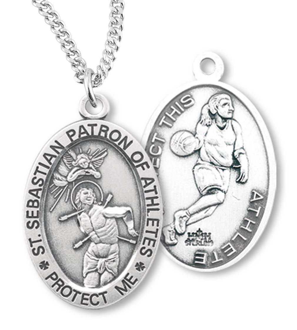 Sterling Silver Double-Sided Basketball Necklace with Saint Sebastian - Handmade in USA - Perfect Gift for Basketball Players, Coaches & Sports Fans - Game Day Jewelry & Everyday Wear
