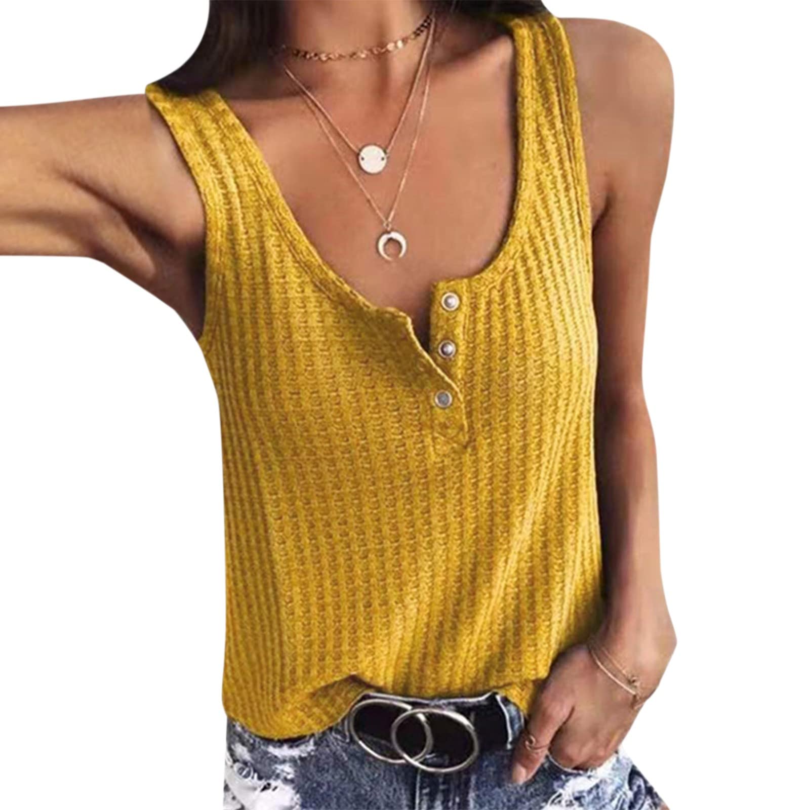 Women's Summer Waffle Knit Tank Tops - V Neck Henley Sleeveless Button Up Blouse, Loose Tunic Tops for Casual Wear, Beach & Vacation Outfits