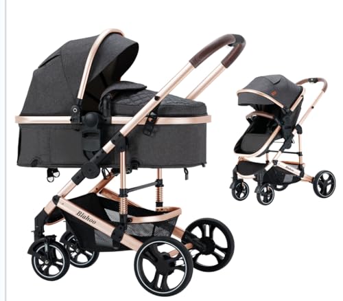 Blahoo 2-in-1 Baby Stroller for Newborn to Toddler - Foldable Aluminum Alloy Pushchair with Adjustable Backrest & Bassinet - Gold Black | Perfect for Shopping, Travel & Daily Walks