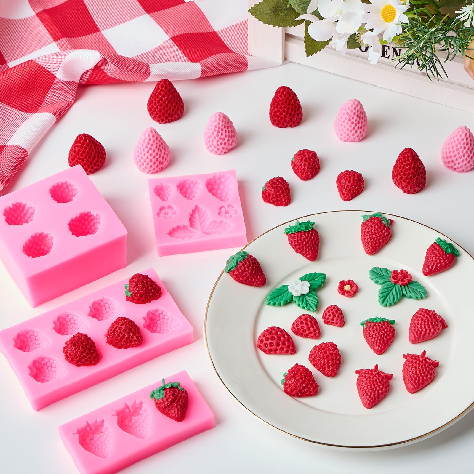 4 Pcs Silicone Strawberry Fondant Molds - 3D Fruit Molds for Candles, Cupcake & Cake Decorations - Chocolate, Clay & Wax Making Tools - Perfect for DIY Baking, Soap & Candle Crafts