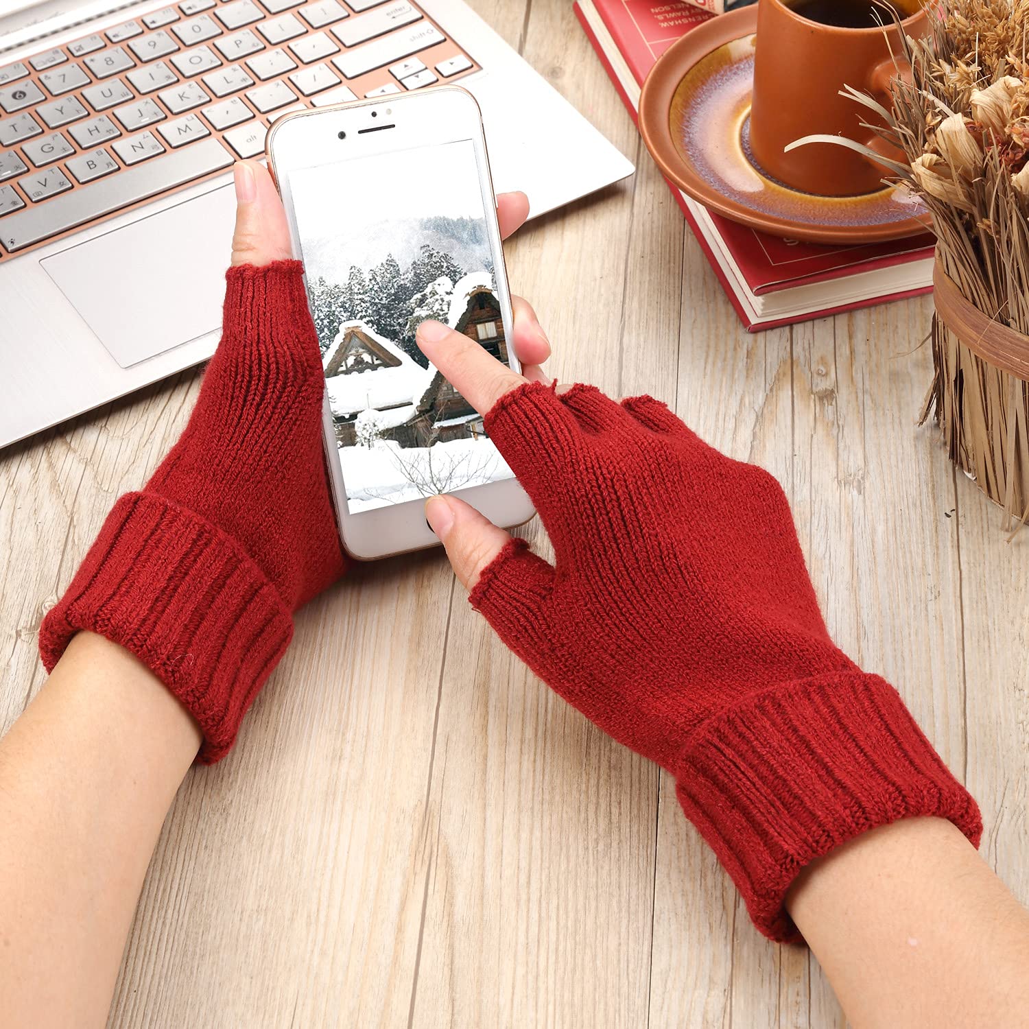 BYOS Unisex Winter Fingerless Knit Gloves with Ribbed Cuff - Warm Textured Handwear for Men & Women - Perfect for Driving, Typing & Outdoor Activities in Cold Weather