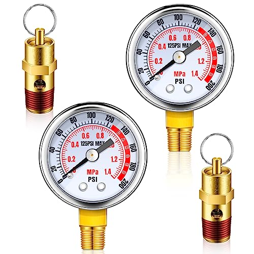Therwen 4-Piece Air Compressor Relief Pressure Safety Valve and Gauge Kit - 1/4