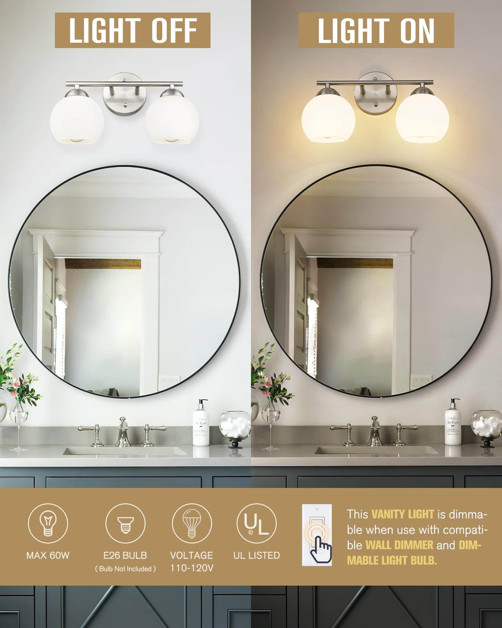 Emak Modern Globe Vanity Lights - Brushed Nickel Bathroom Light Fixtures with Milk Glass Shade, 2-Light Bathroom Vanity Lighting for Bathroom, Bedroom & Dressing Room Makeup Area
