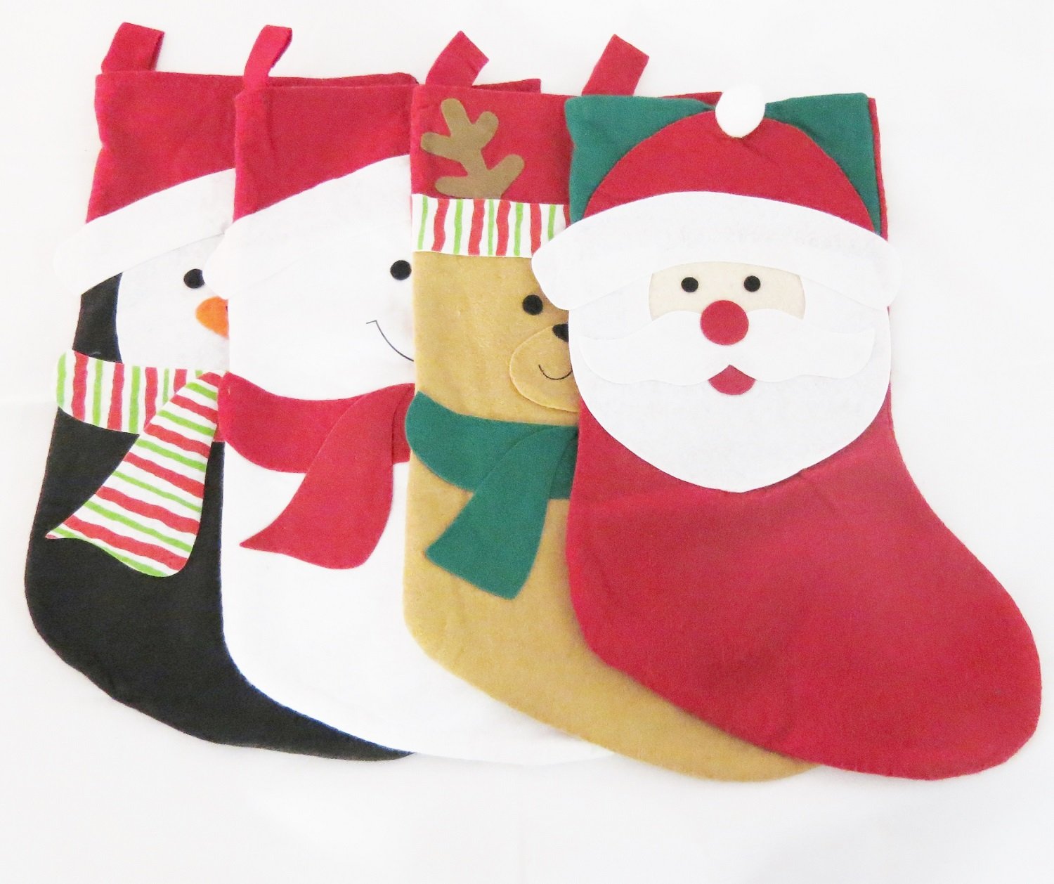 Christmas Character Stockings 4-Pack - Santa, Snowman, Reindeer & Penguin Holiday Decorations for Fireplace, Gift Exchange & Festive Home Decor