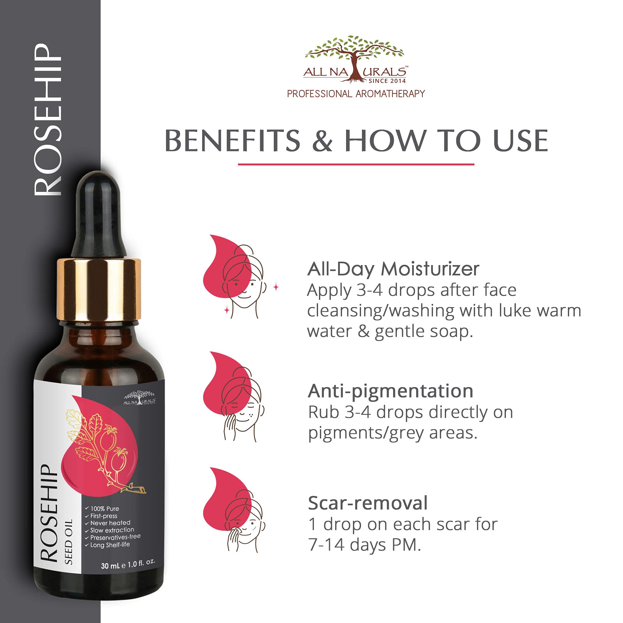 Pure Cold-Pressed Rosehip Seed Oil 30ml - Undiluted & Natural Carrier Oil for Skin Lightening, Pigmentation, Stretch Marks, Acne Scars & Anti-Aging | Hydrates & Rejuvenates Face, Body & Hair | Perfect for DIY Skincare, Massage & Aromatherapy