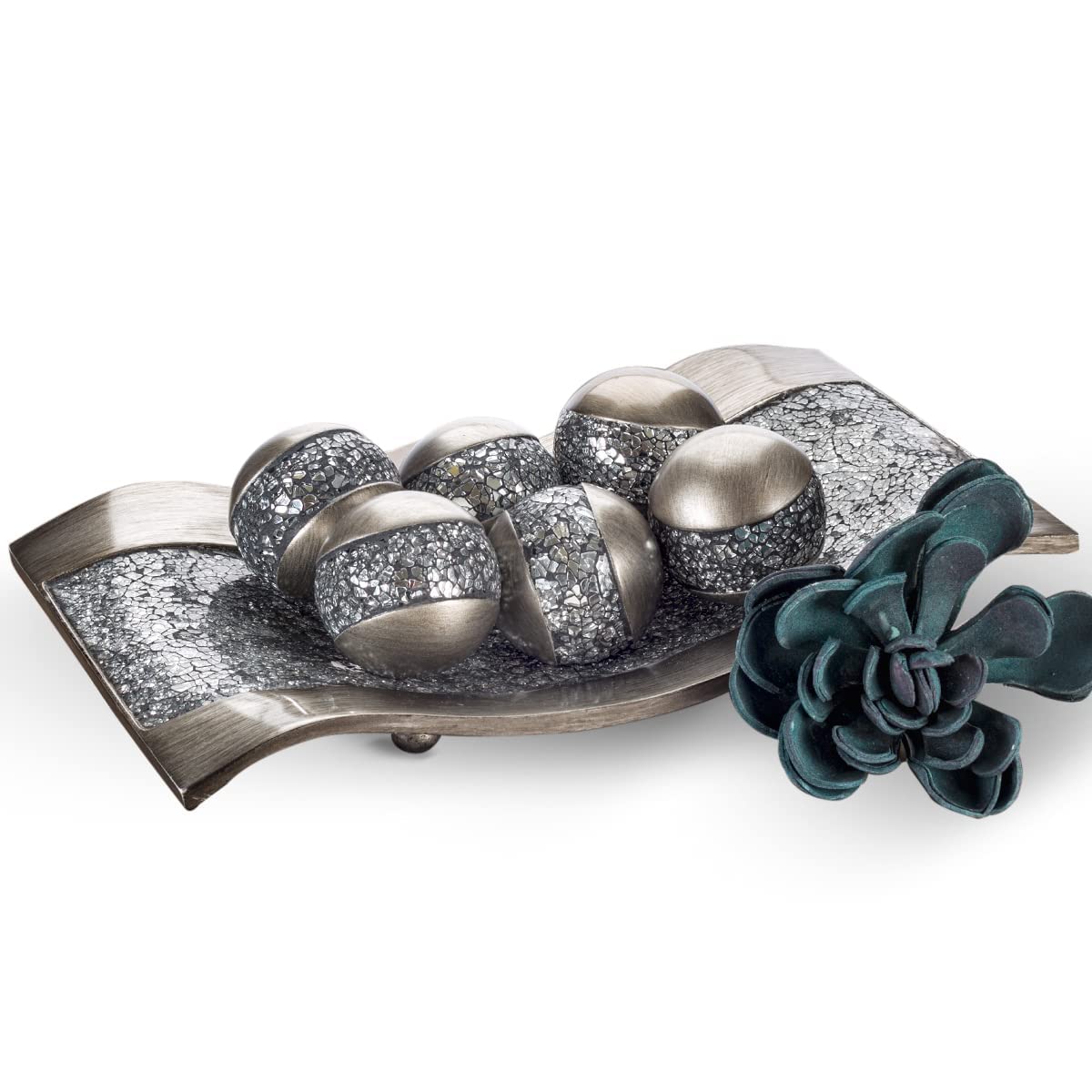 Creative Scents Schonwerk Silver Decorative Centerpiece Bowl with 6 Matching Resin Orbs - Elegant Coffee Table Decor for Living Room, Dining Room, and Home Decor - Perfect for Holiday Entertaining, Wedding Centerpieces, and Modern Interior Styling