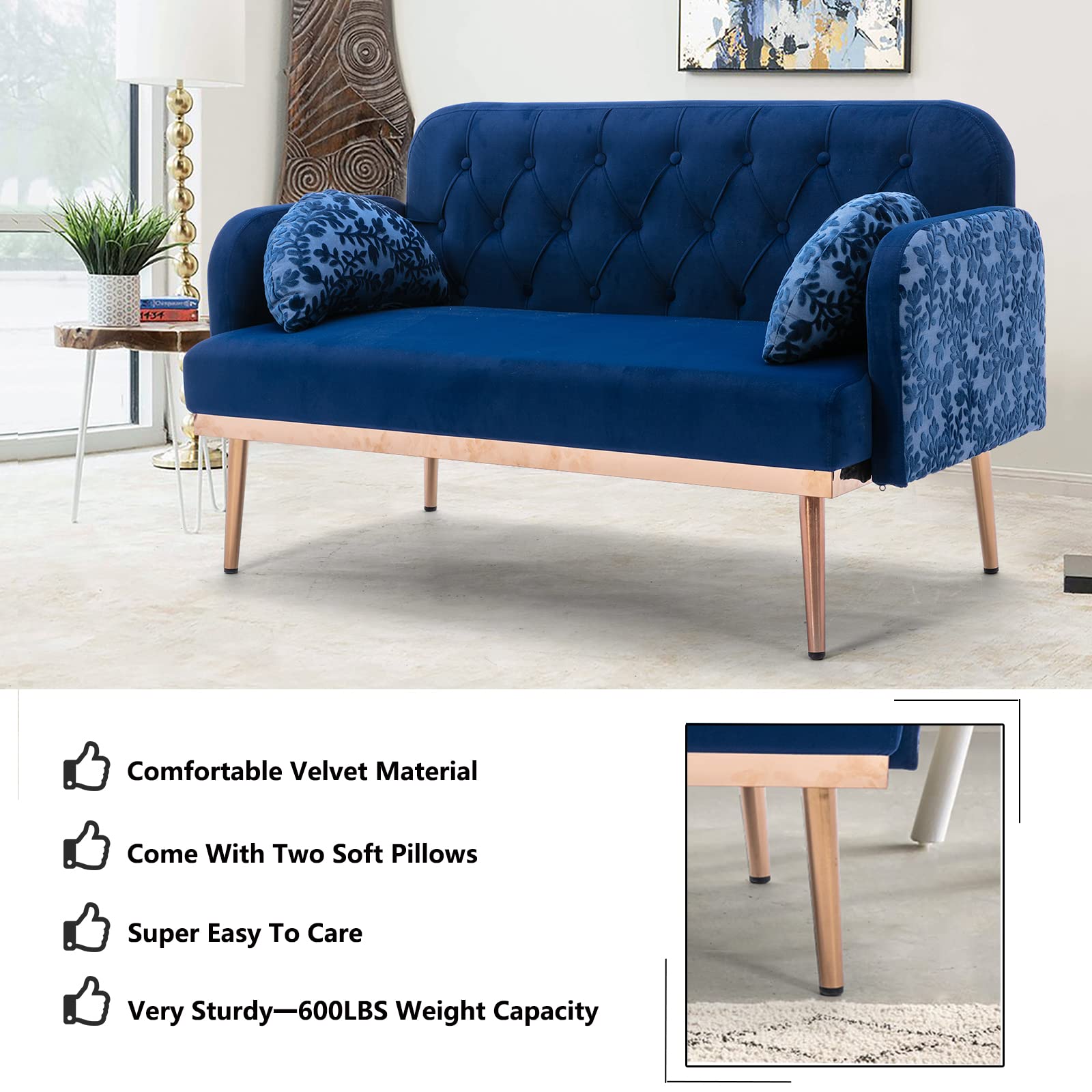Velvet Accent Loveseat Sofa with Gold Legs & 2 Soft Pillows - Navy Blue Small Couch for Living Room, Bedroom, Apartment - Perfect for Cozy Seating & Home Decor