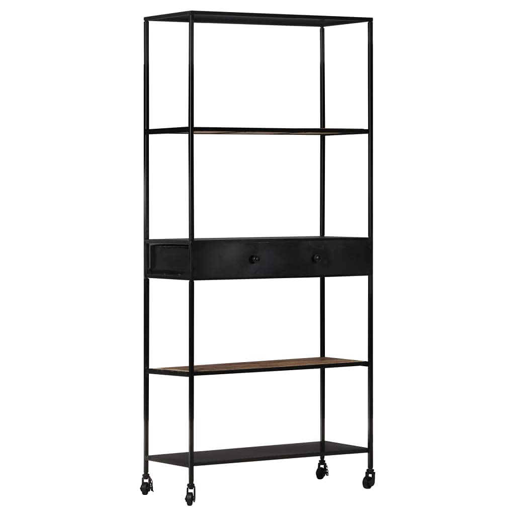 5-Tier Industrial Bookcase with Drawer & Wheels - Wood & Metal Bookshelf, Tall Floor Standing Storage Rack, 35.4