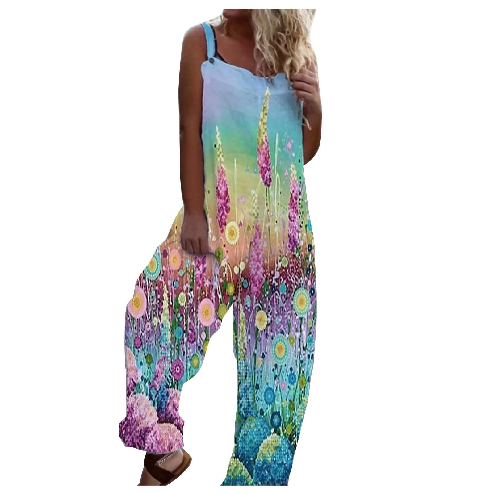 Plus Size Women's Summer Jumpsuit - Boho Floral Wide Leg Romper, Casual Loose Overalls with Baggy Bib | Perfect for Beach Vacations, Music Festivals & Boho Chic Outfits