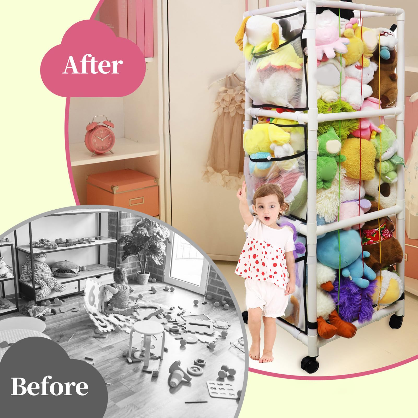 Soft Plush Animal Storage Organizer with Metal Frame, Elastic Bands & Wheels - Stuffed Toy Holder for Nursery, Playroom & Bedroom Decor - Perfect for Kids' Room Organization & Toy Storage Solutions