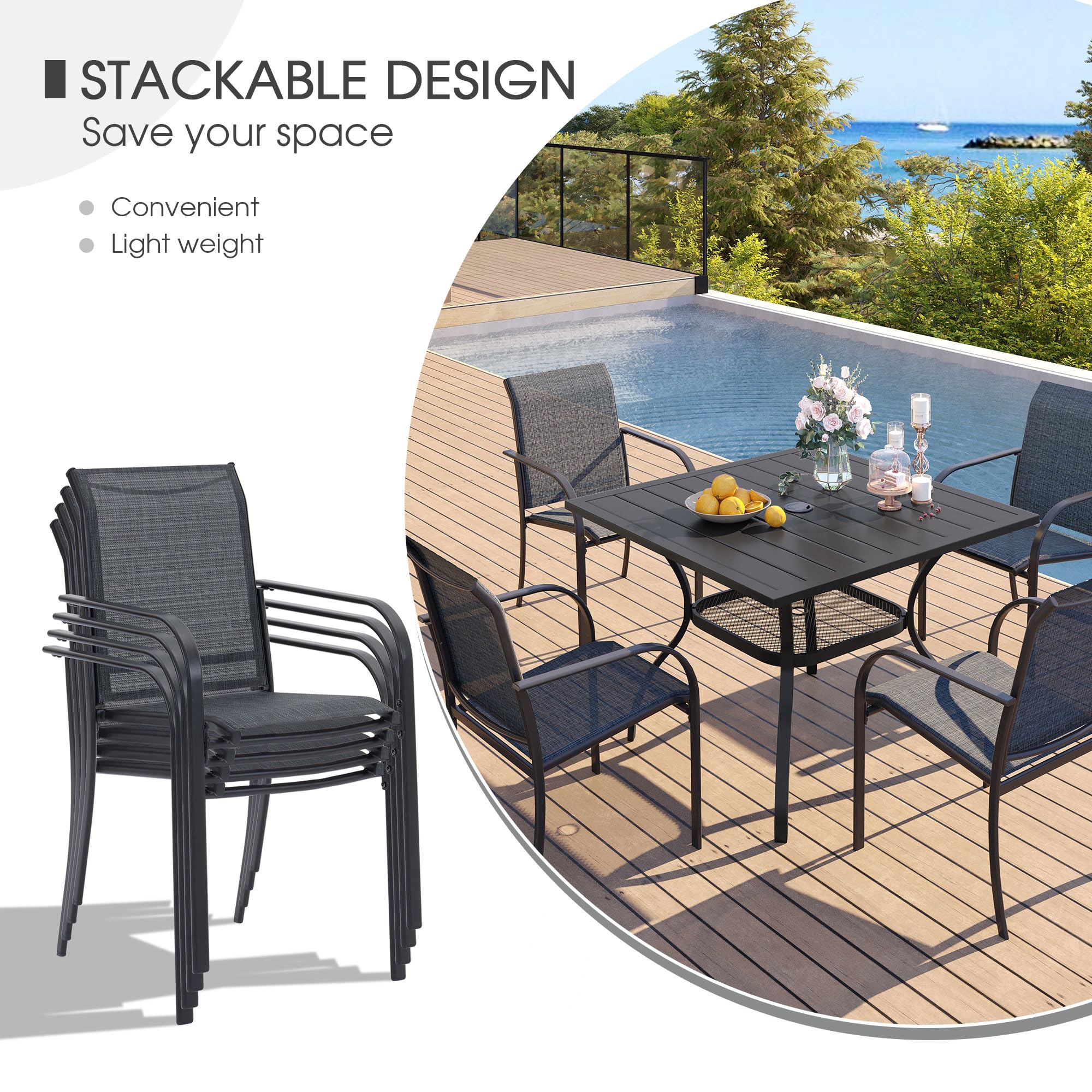 VICLLAX 3-Piece Outdoor Dining Set for 2 - Small Patio Table & 2 Stackable Sling Chairs - Black Table with Gray Chairs - Perfect for Balcony, Garden, Backyard & Small Spaces