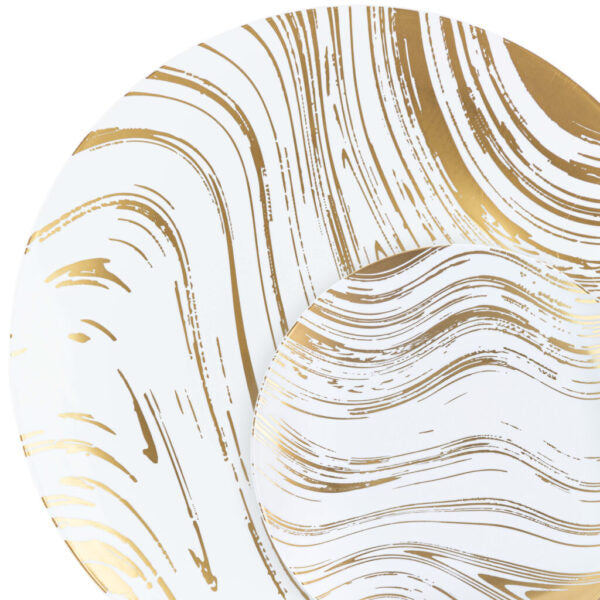 32-Piece White and Gold Round Plastic Dinnerware Set for 16 Guests - Elegant Disposable Plates, Bowls, Cups & Cutlery - Perfect for Weddings, Parties, Catering & Outdoor Events