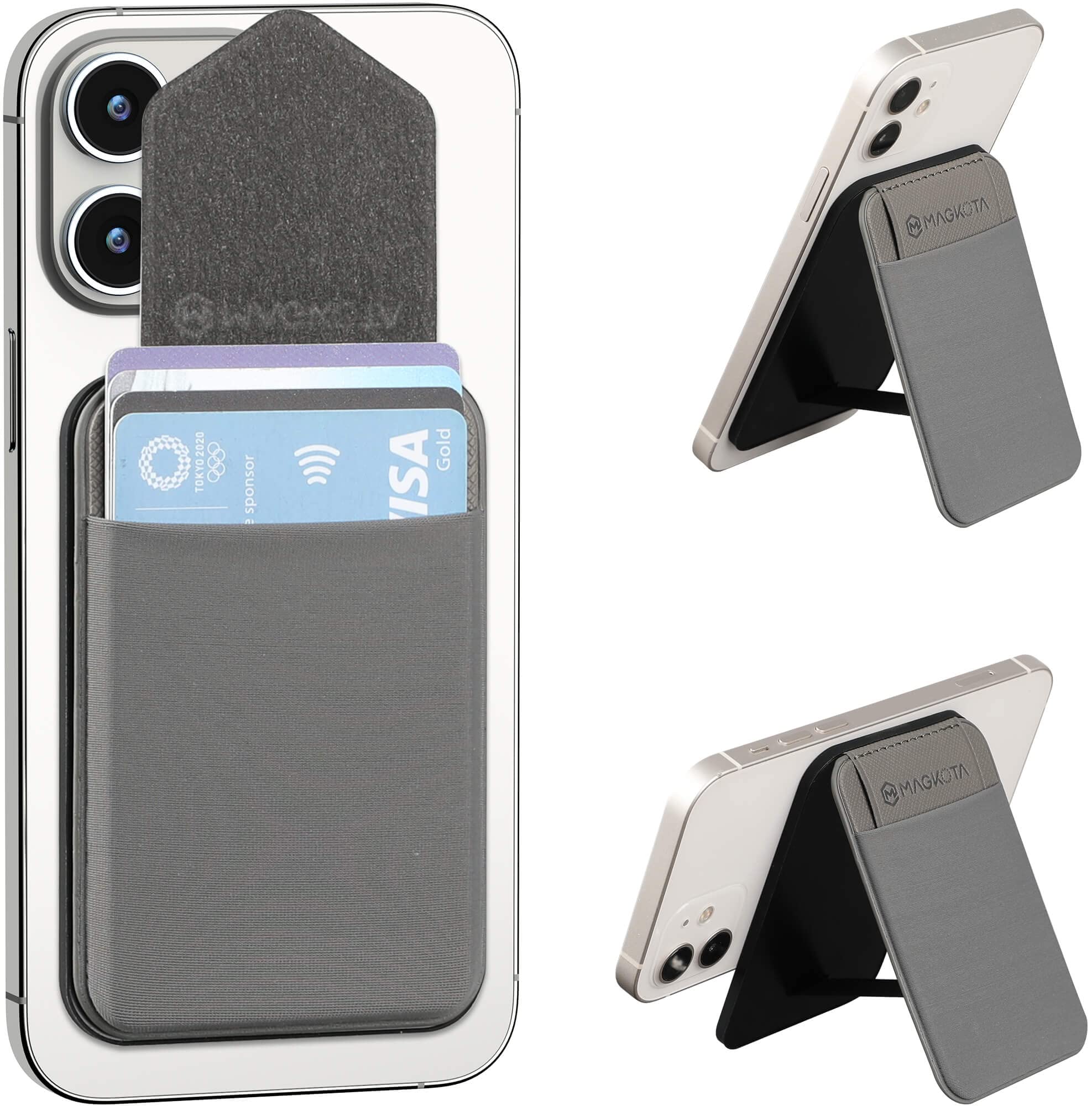 MAGKOTA MagSafe Wallet Max - Slim Magnetic Card Holder for iPhone 14/13/12 Series | Holds 5 Cards | Stretchy Fabric with Flap | 2 Adjustable Viewing Angles (Grey) - Perfect for Work, Travel & Everyday Use